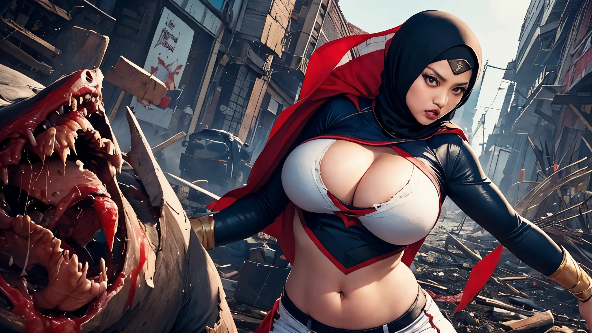 (Asian SuperWoman, Malaysian, huge breasts, athletic, slim waist, big hips, big eyes, Hijab with uniform symbol, tattered uniform) in a desperate fight with (Cannibal Corpse| Ninja)