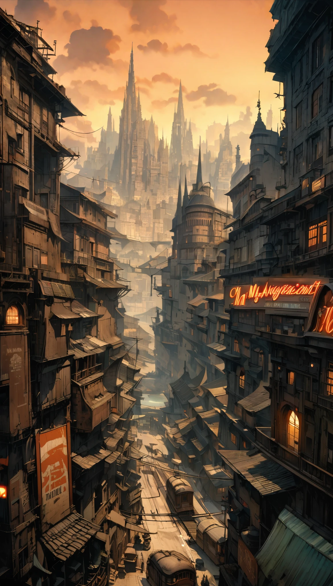 best quality, super fine, 16k, incredibly absurdres, extremely detailed, a building built nearly 100 years ago and a (large neon sign) on the rooftop, very old, retro, nostalgic, background contrasting scenery, In the distance is a futuristic city, a world in transition, (magnificent view:1.3)