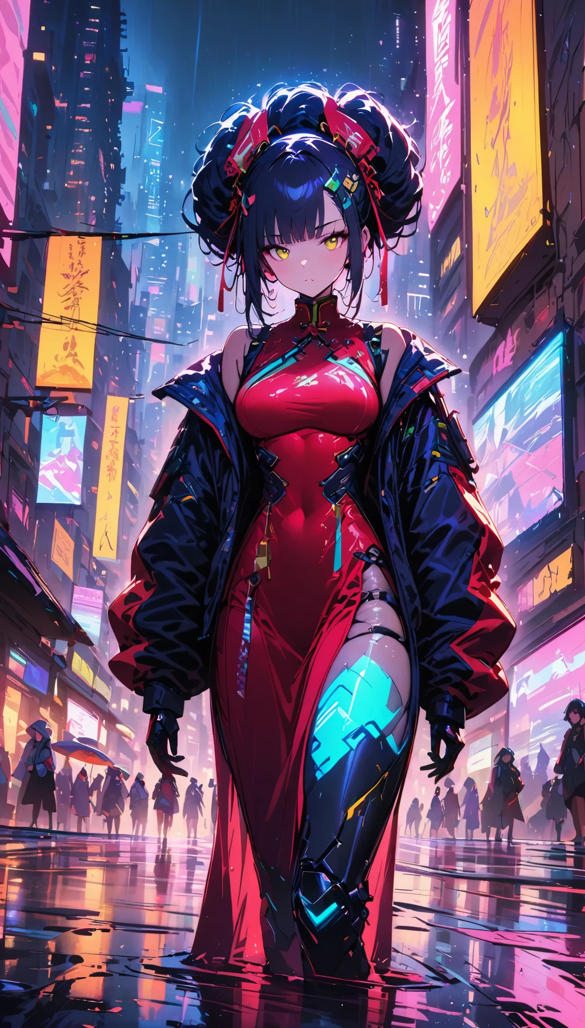 (best quality), (Ultra-fine), (masterpiece), illustration, A girl Chinese costume cyberpunk, （cyberpunk，Chinese clothing，cybernetic implants），looking at camera,hair accessories, bright colors，dynamic lighting，neon lights，glowing city skyline，Holographic projection，future fashion clothing，A combination of traditional and modern elements，Avant-garde makeup，Exquisite hairstyle，confidence and determination，city environment，downpour，Reflections on slippery roads，Metallic feeling，Mechanical armor, Gorgeous accessories，High-tech products，Impressive cybernetic enhancements，Clear focus，gnarly details, Overclocked rendering, Cinematic edge light, fine light, masterpiece, Super details, epic work, ultra high definition, high quality, 32k