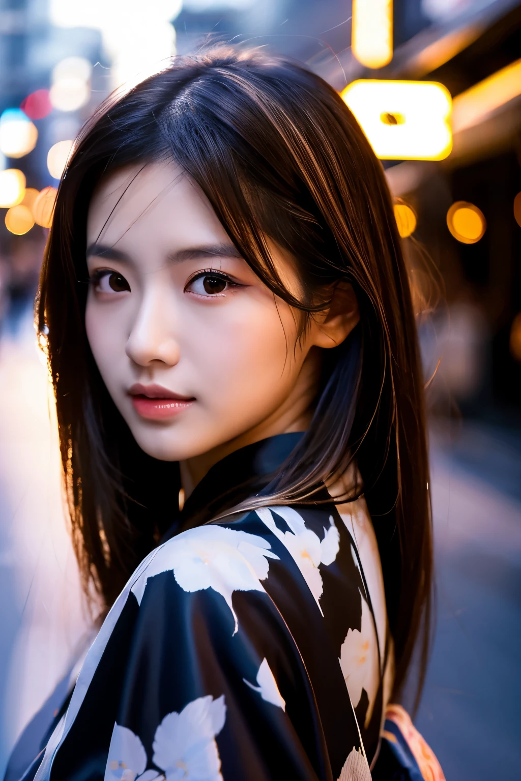 Beautiful Japanese supermodel woman, A lock of hair with slight highlights, black eyes, Sexy，street background，Gorgeous kimono , Liquid color flows across her face, Shooting against the light，Perfect facial lighting，mixed media