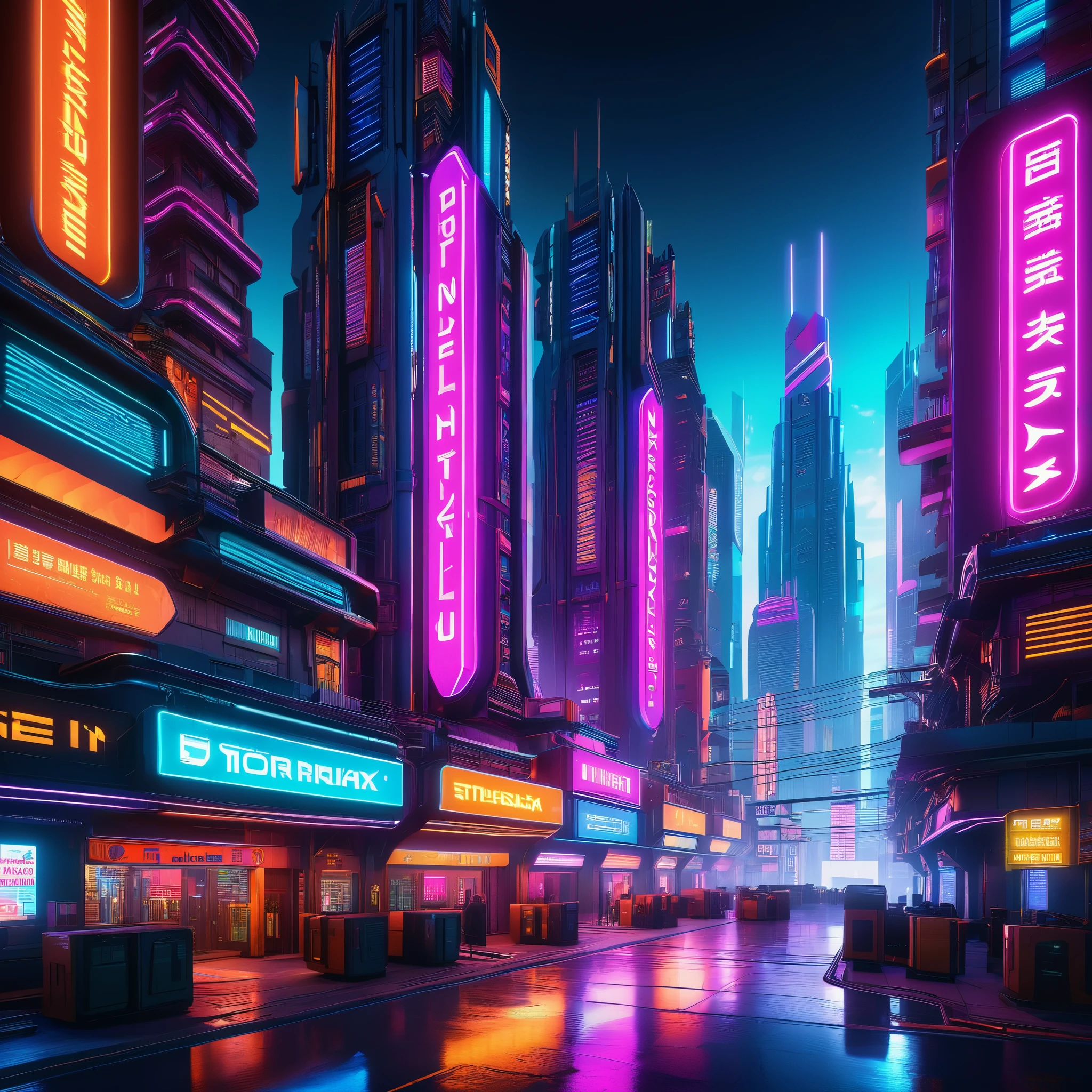  Cyberpunk cityscape, neon lights, futuristic architecture, symmetrical structures, wide-angle lens, neon signs, bustling streets, intricate details, digital art, Unreal Engine, C4D, Blender, high-rise buildings, interplay of light and shadow, vivid colors, studio lighting, ultra-detailed, HDR, professional, vibrant colors, bokeh