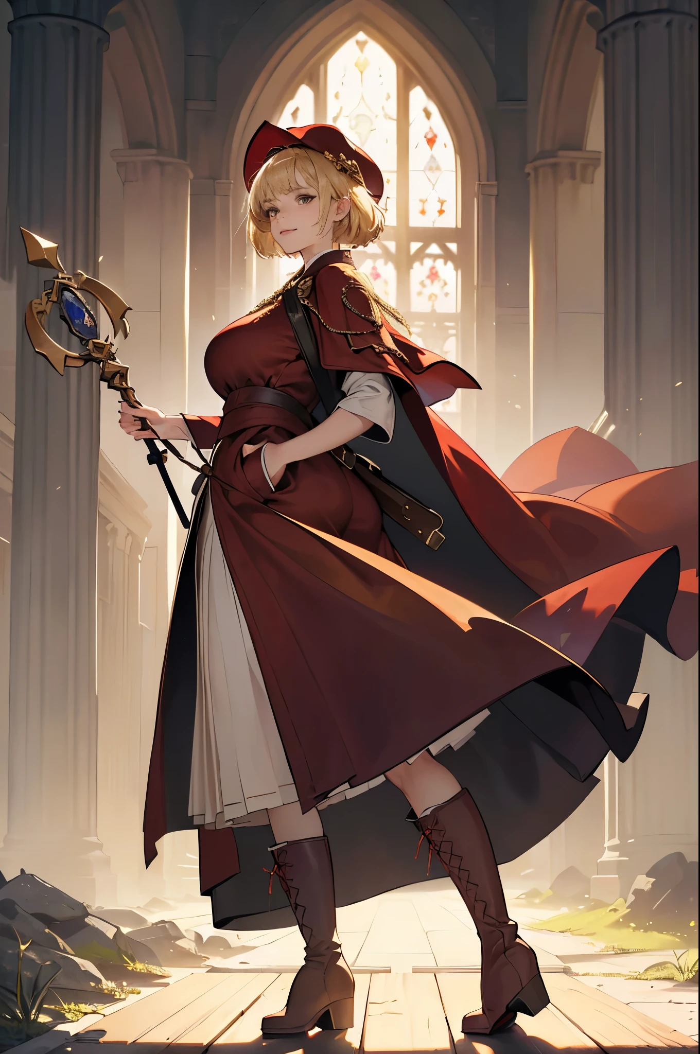 masterpiece, ultra detailed, 8k portrait, RAW photo, portrait photography, highly detailed face, beautiful and meticulous eyes, ((Fantasy)), Young beautiful, dynamic pose, kind face, smile, (((Blonde very short hair, bangs))), ((Priest)), wood necklace, clergy hat, (((long cloak))) fluttering in the wind, (((dark dull red oversized Priest robe))), (((long skirt)), (((low boots))), ((holding long wood staff)), big shoulder bag, Midday Sun, hyper realistic, Body model, Big breasts, Beautiful breasts, Long legs, in the crowd, Ambient lighting, Shadow details , Camera focus on face, strong breeze, Light fog