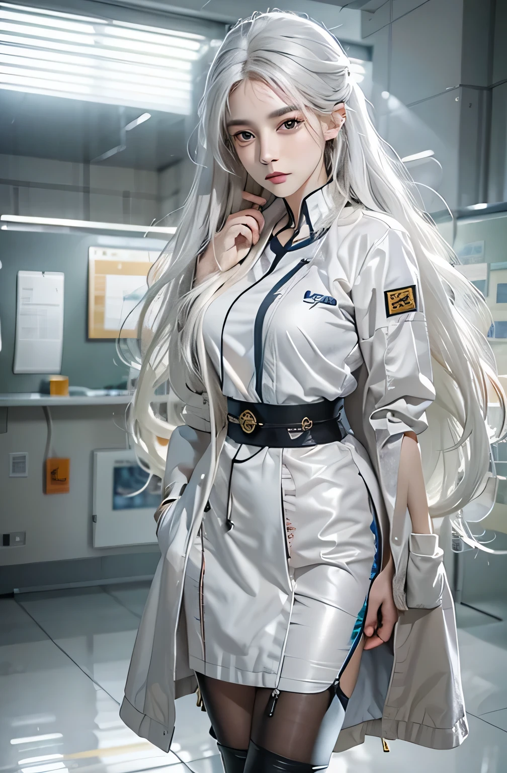 Award-Awarded, Super detail, Anatomically correct, hyper HD, retinas, Masterpiece, Textured skin, ccurate, High details, Best quality, A high resolution, High quality, 8K，Photorealistic, high resolution, Soft lights, 1womanl, Shiny skin, Fine fine skin, Solo, Hips up, view the viewer, (Detailed face), White hair, Long hair, doctor outfit, blouse