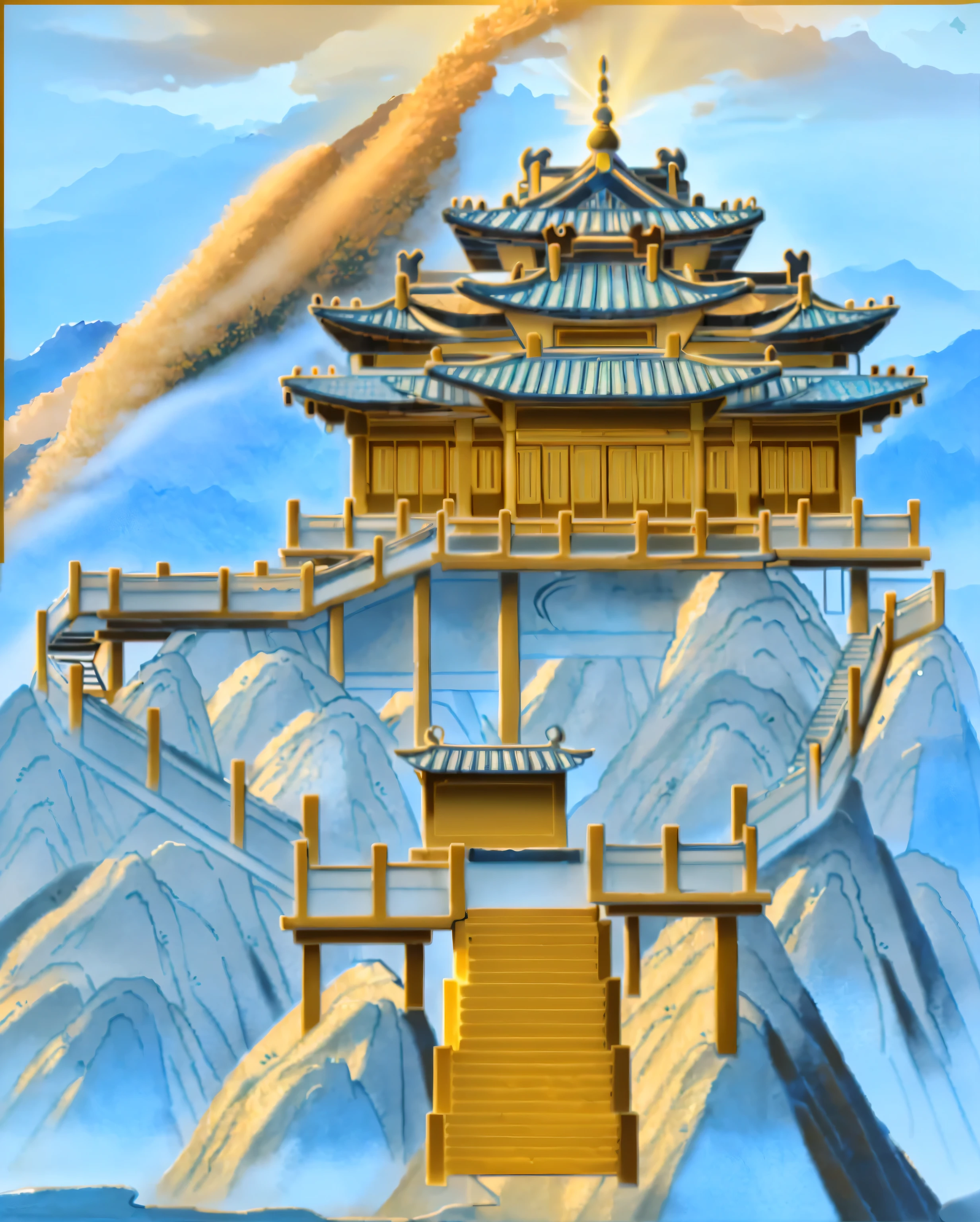 illustration，Mountain，Chinese architecture，light blue，light golden color