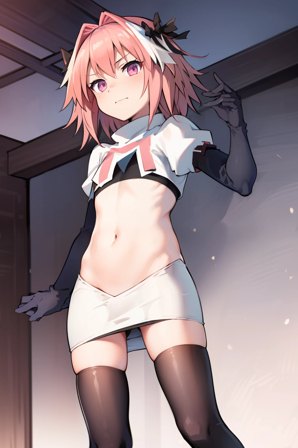 absurdres, masterpiece, best quality, (astolfo fate:1.2155), 1boy, male focus, trap, pink multicolored hair, pink hair, white hair, hair intakes, long hair, pink detailed eyes, crossdressing,1boy, team rocket,team rocket uniform, red letter R, white skirt,white crop top,black thigh-highs,black elbow gloves