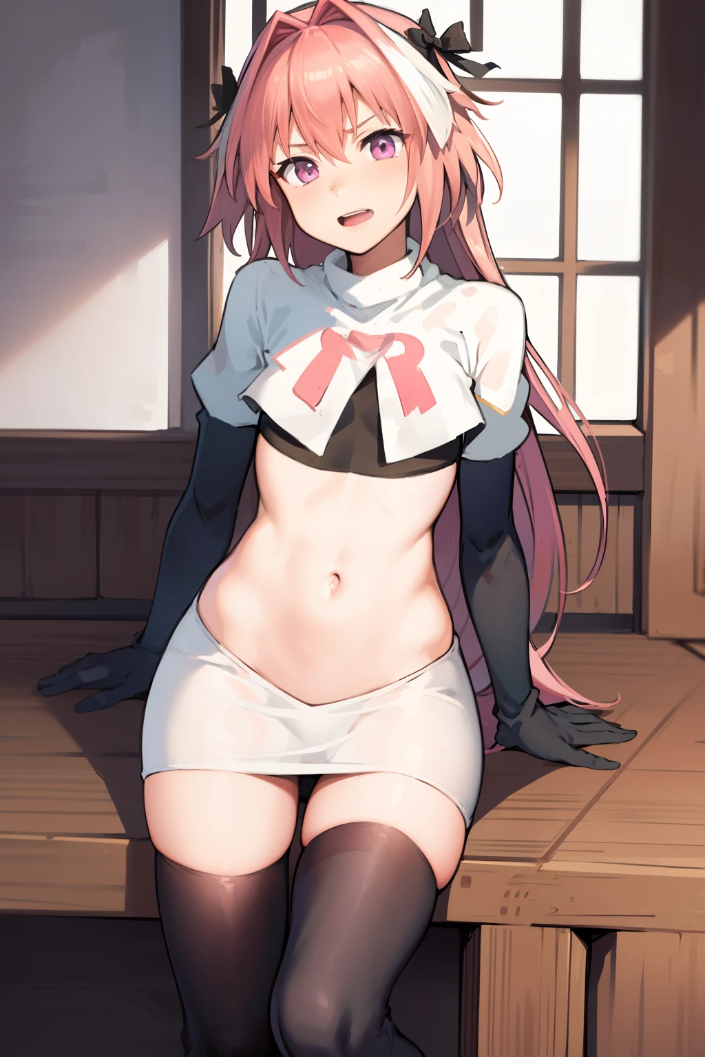 absurdres, masterpiece, best quality, (astolfo fate:1.2155), 1boy, male focus, trap, pink multicolored hair, pink hair, white hair, hair intakes, long hair, pink detailed eyes, crossdressing,1boy, team rocket,team rocket uniform, red letter R, white skirt,white crop top,black thigh-highs,black elbow gloves