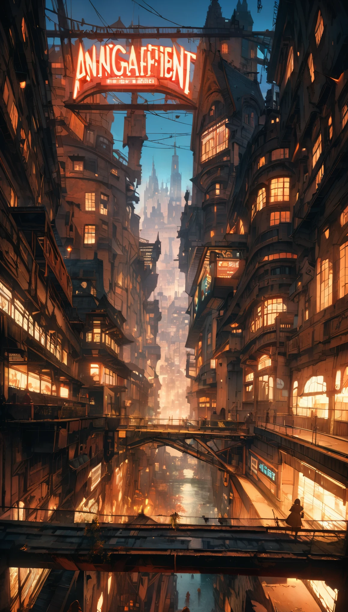 best quality, super fine, 16k, incredibly absurdres, extremely detailed, a building built nearly 100 years ago and a (large neon sign) on the rooftop, very old, retro, nostalgic, background contrasting scenery, In the distance is a futuristic city, a world in transition, (magnificent view:1.3)