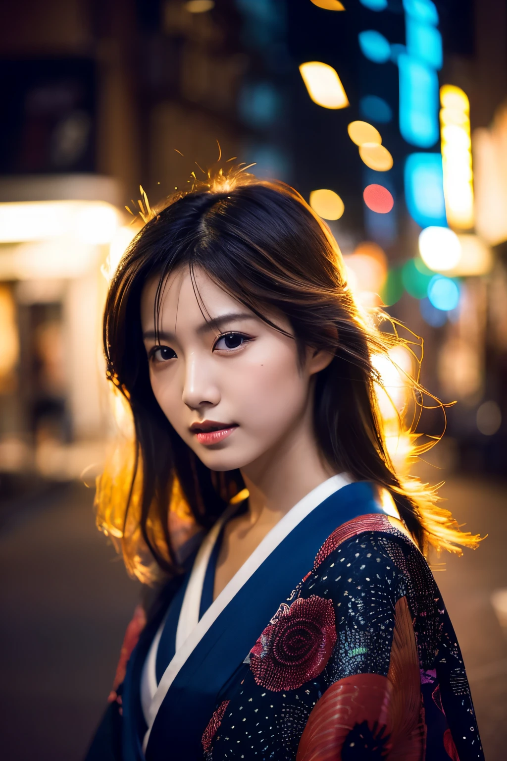 Beautiful Japanese supermodel woman, A lock of hair with slight highlights, black eyes, Sexy,street background,Gorgeous kimono , Liquid color flows across her face, Shooting against the light,Perfect facial lighting,mixed media