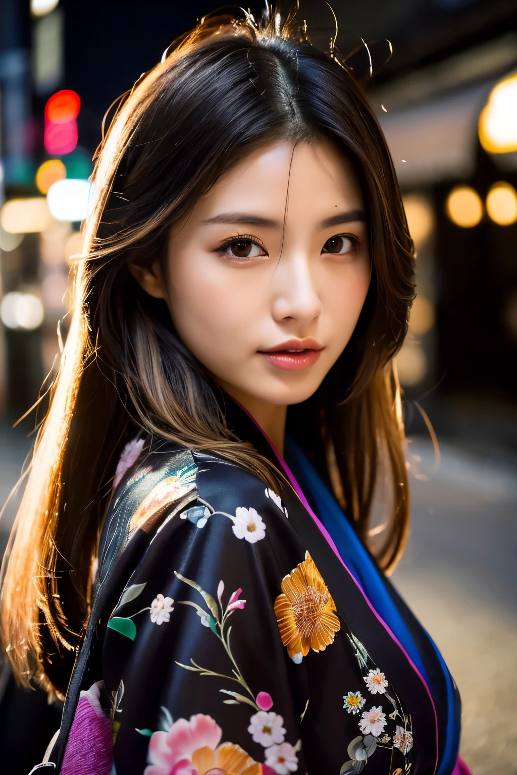 Beautiful Japanese supermodel woman, A lock of hair with slight highlights, black eyes, Sexy，street background，Gorgeous kimono , Liquid color flows across her face, Shooting against the light，Perfect facial lighting，mixed media