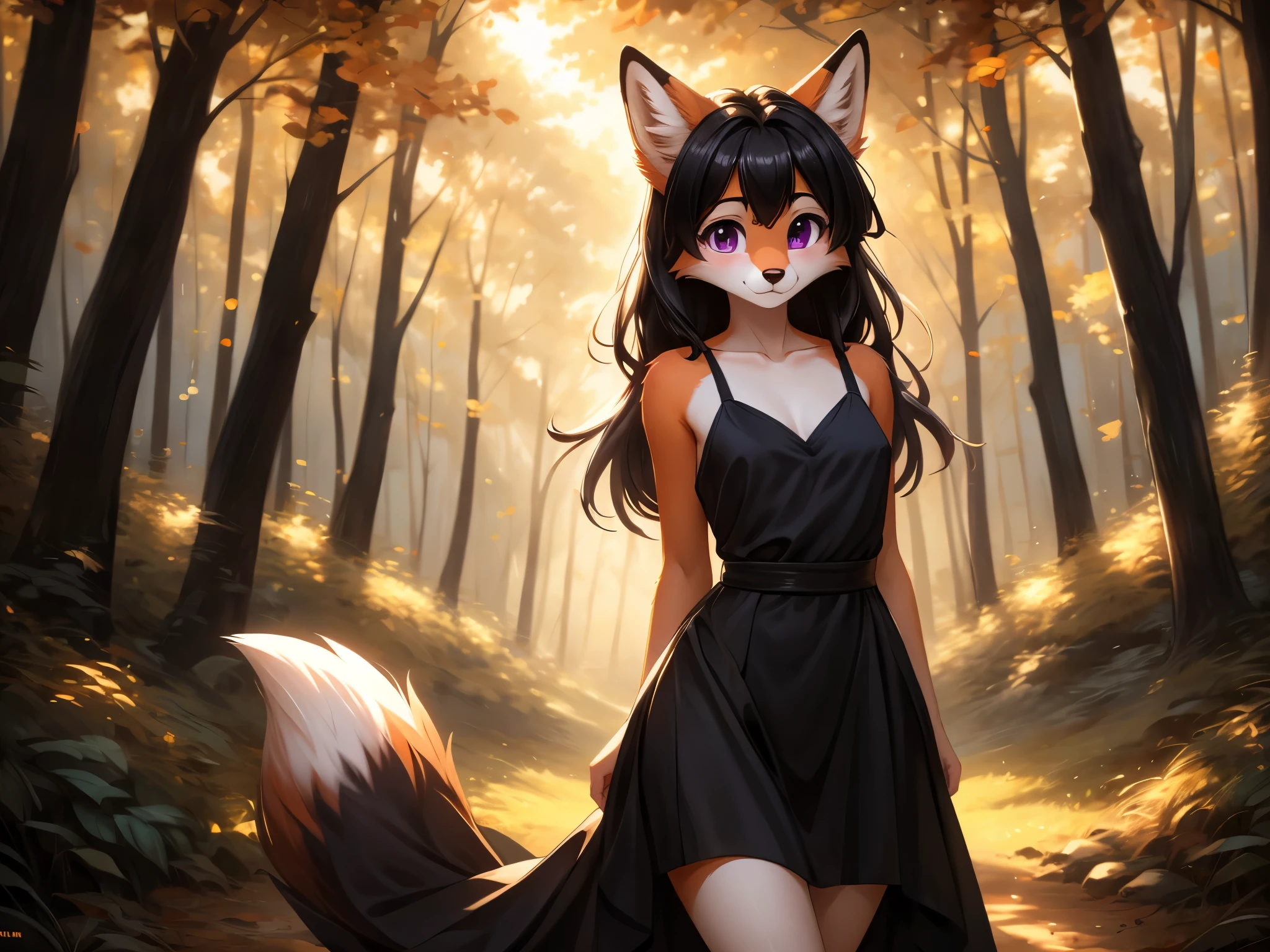 1girl, anthropomorphic red fox, black hair, 21 years old, small breasts, bright purple eyes, black dress, outside, forest, high res, masterpiece, arms behind back, looking very shy, cute, by themself, no one around.