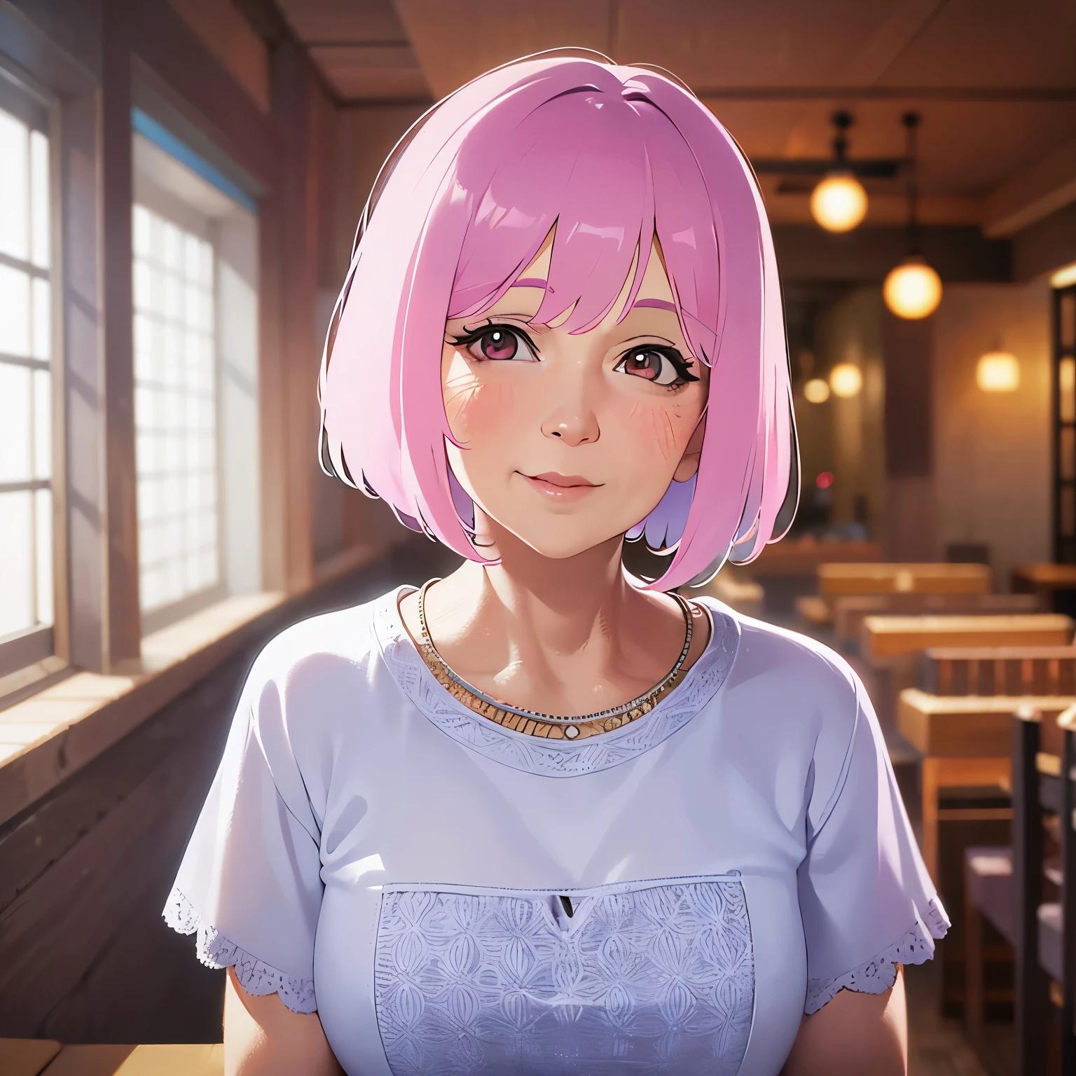 smile, Upper body is shown、Realistic, real person, RAW photo, photorealistic, portrait photography, shiny skin, japanese idol、pink hair、bob cut hair with bangs、Eyes pink、drooping eyes、(60 year old grandmother:2)、wearing a white T-shirt、Alone、The background is the interior of a restaurant at night.