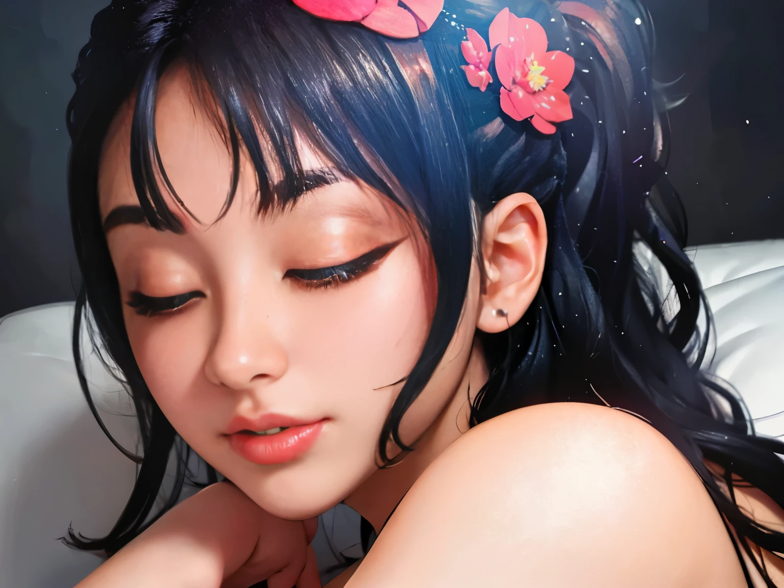 generate a nude lady, (((sleep))) lying on bed hugging pillow, detailed pink bedroom, ornaments, night time, masterpiece, best quality:1.2),,(8k,highres,RAW photo,realistic,photo-realistic:1.3),(detailed skin texture,detailed cloth texture,beautiful detailed face:1.25),professional lighting,photon mapping,beautiful soft light,radiosity,physically-based rendering,raytracing, model shoot style, model shoot style, (extremely detailed CG unity 8k wallpaper), full shot body photo of the most beautiful artwork in the world, (((eyes closed)))