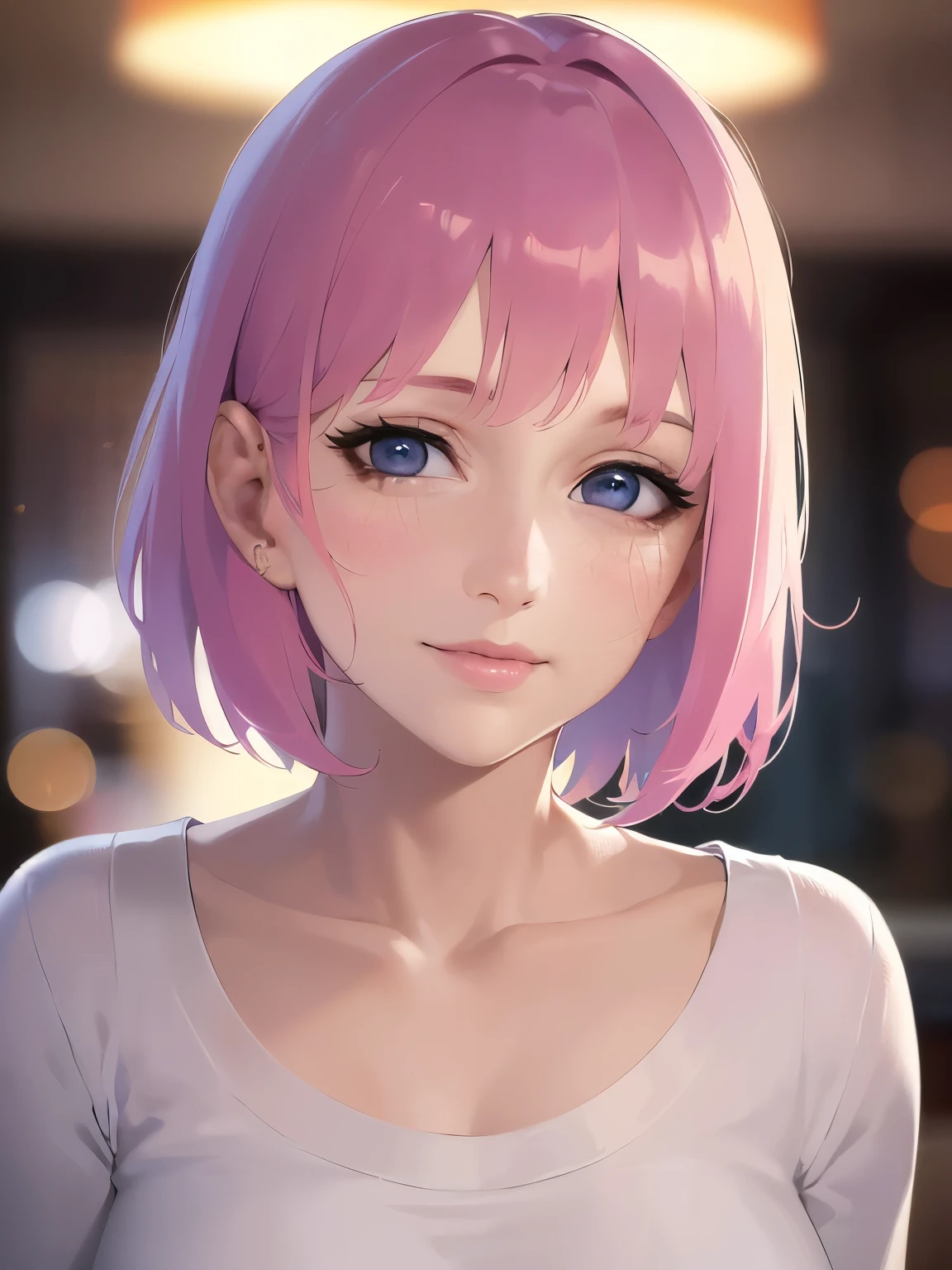 smile, Upper body is shown、Realistic, real person, RAW photo, photorealistic, portrait photography, shiny skin, japanese idol、pink hair、bob cut hair with bangs、Eyes pink、drooping eyes、(60 year old grandmother:2)、wearing a white T-shirt、Alone、The background is the interior of a restaurant at night.