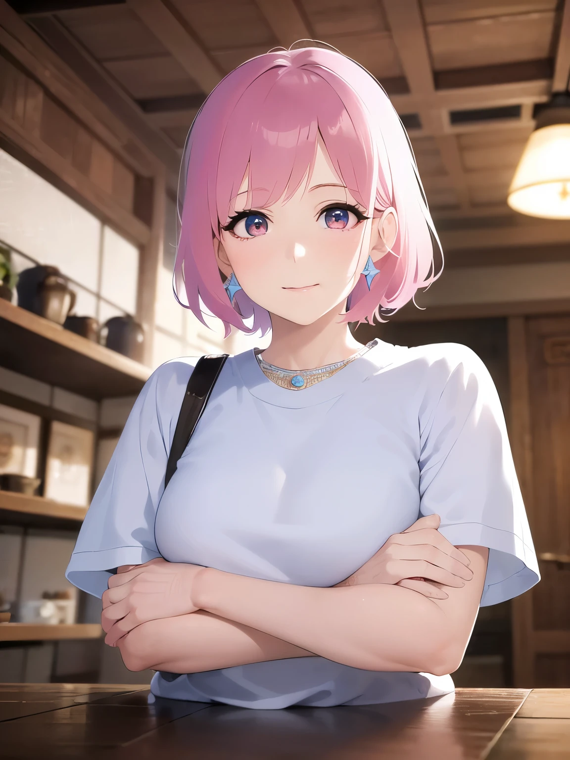 smile, Upper body is shown、Realistic, real person, RAW photo, photorealistic, portrait photography, shiny skin, japanese idol、pink hair、bob cut hair with bangs、Eyes pink、drooping eyes、(60 year old grandmother:2)、wearing a white T-shirt、Alone、The background is the interior of a restaurant at night.