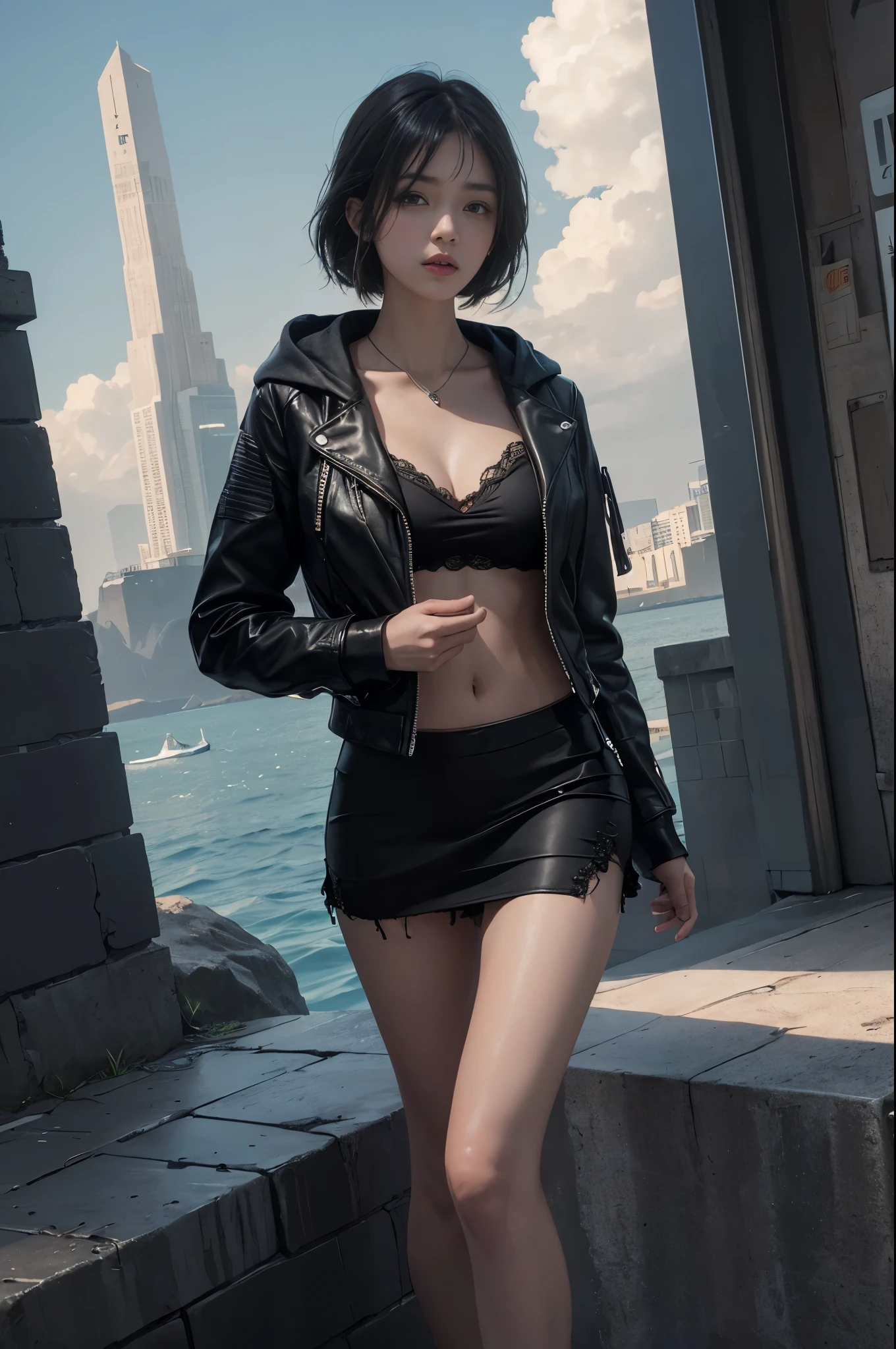 ((Best quality at best)), ((tmasterpiece)), (the detail:1.4), 3D, images of beautiful cyberpunk women,HighDynamicRange（HighDynamicRange）,Ray traching,NVIDIA RTX,Hyper-Resolution,Unreal 5,sub surface scattering、PBR textures、post-proces、Anisotropy Filtering、depth of fields、maximum definition and sharpness、Many-Layer Textures、Albedo e mapas Speculares、Surface Coloring、Accurately simulate the interaction of light with materials、Perfect proportions、Rendered by Octane、Dichroic light、largeaperture、Low ISO、White balance、the rule of thirds、8K raw data、1 Sister，doomsday seaside city，looking at the viewer only，Full body lesbian；1.5，floated hair，Lingerie with a slinger，Superskirt，open frayed hooded leather jacket，