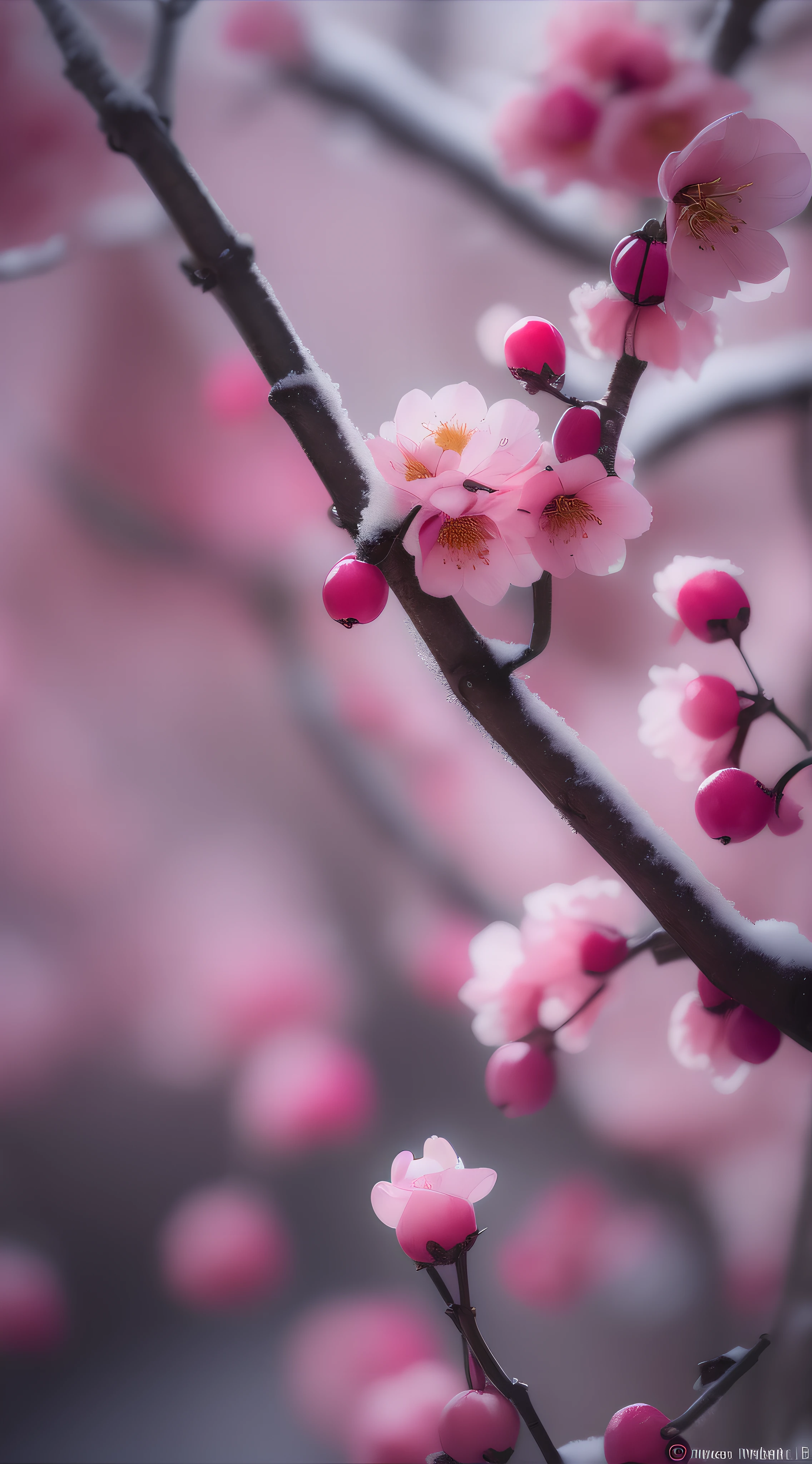 Plum blossoms growing on bushes in the garden, winter plum,snow on branches， Plum blossoms under movie lights, , plum blossom photos, Anna Nikonova, muted red, Photos taken with Canon 5D, Pink soft light 4K, Shot with Pentax K1000, incredibly beautiful, soft light lighting