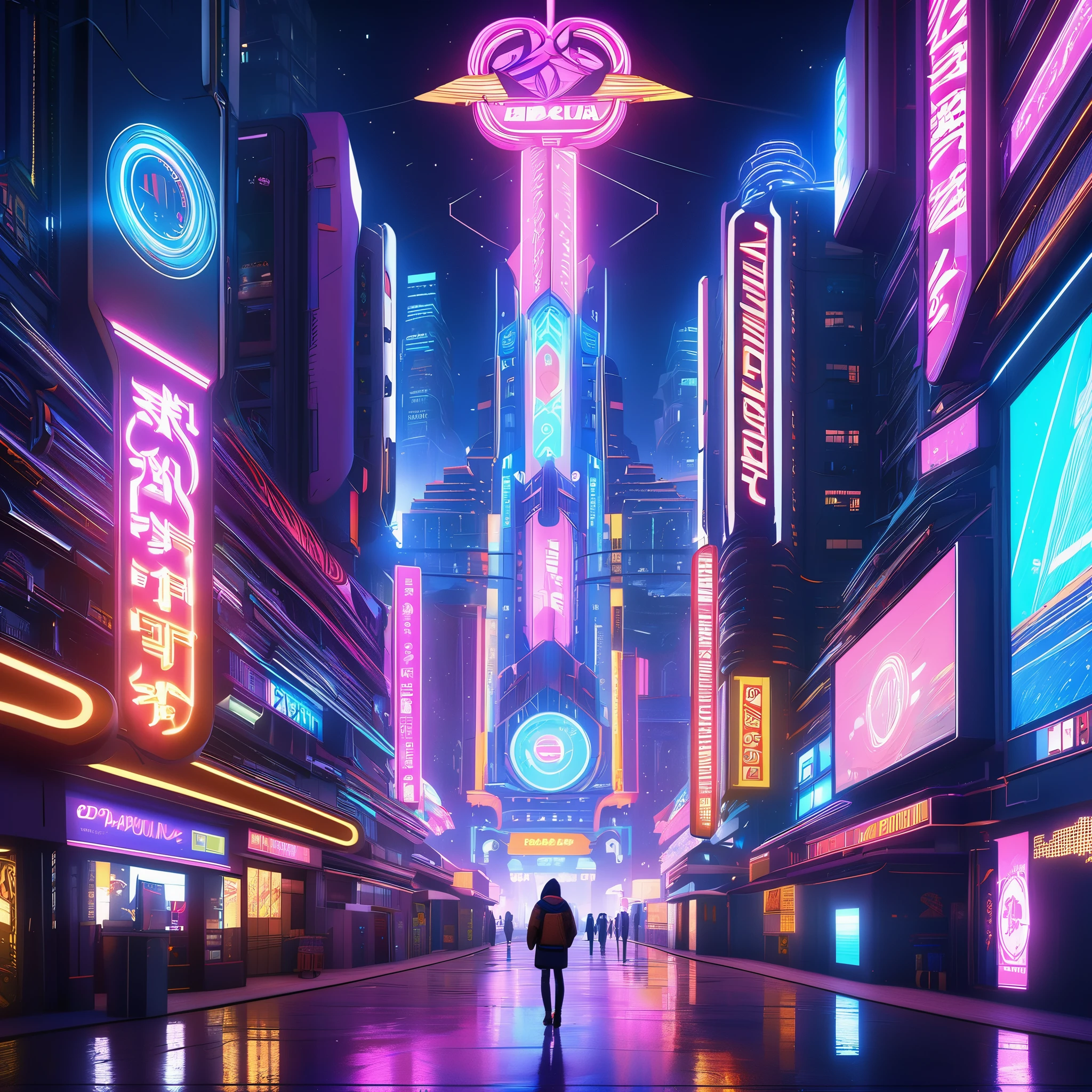  Cyberpunk cityscape, neon lights, futuristic architecture, symmetrical structures, wide-angle lens, neon signs, bustling streets, intricate details, digital art, Unreal Engine, C4D, Blender, high-rise buildings, interplay of light and shadow, vivid colors, studio lighting, ultra-detailed, HDR, professional, vibrant colors, bokeh