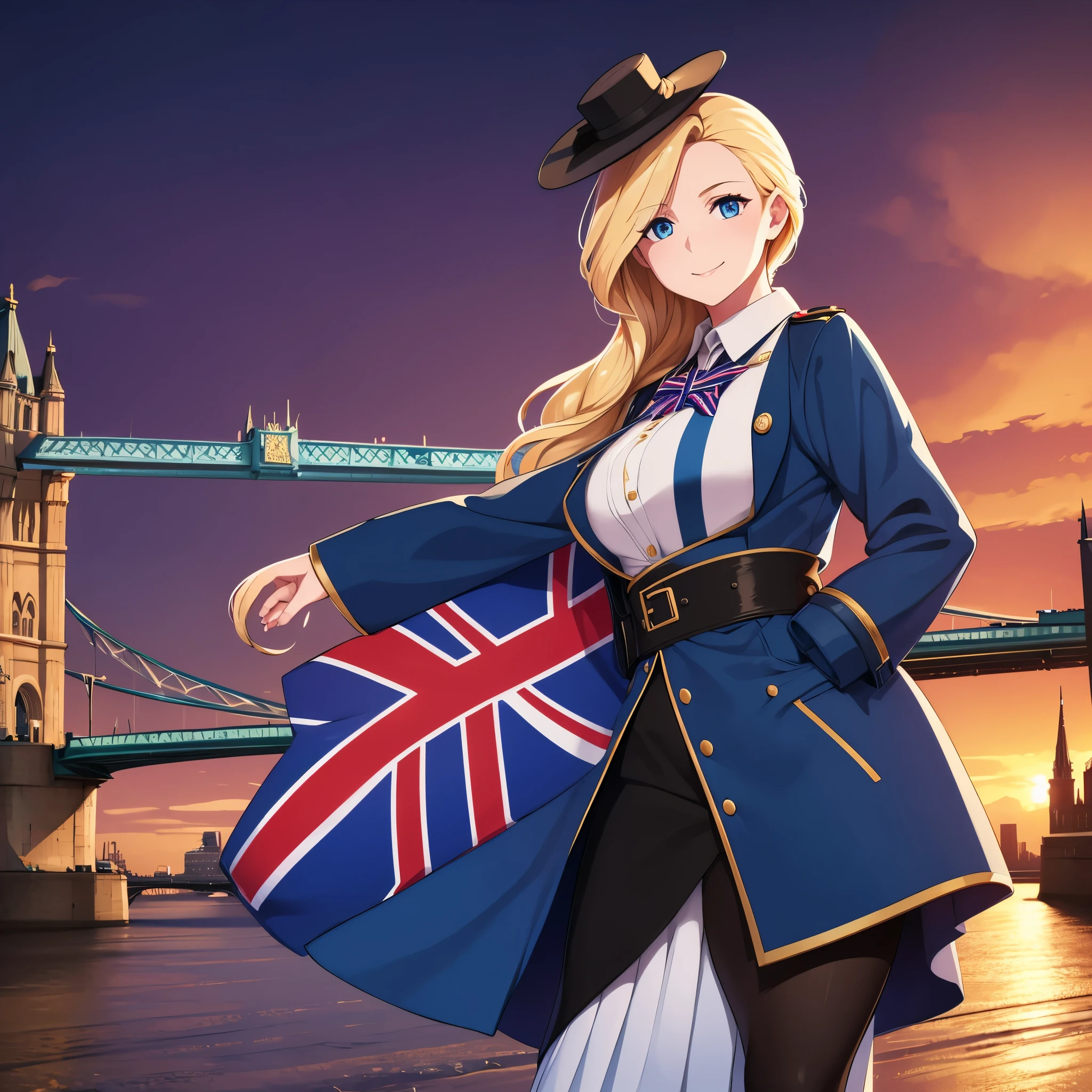 A woman with a long blue coat, personalized with the flag of Great Britain, blonde hair, wearing a feminine hat, blue eyes, smiling, on Tower Bridge of England, with the sky at the end of the sunset, illuminated place, ultra resolution , perfect, very detailed, work of art, 4k hd