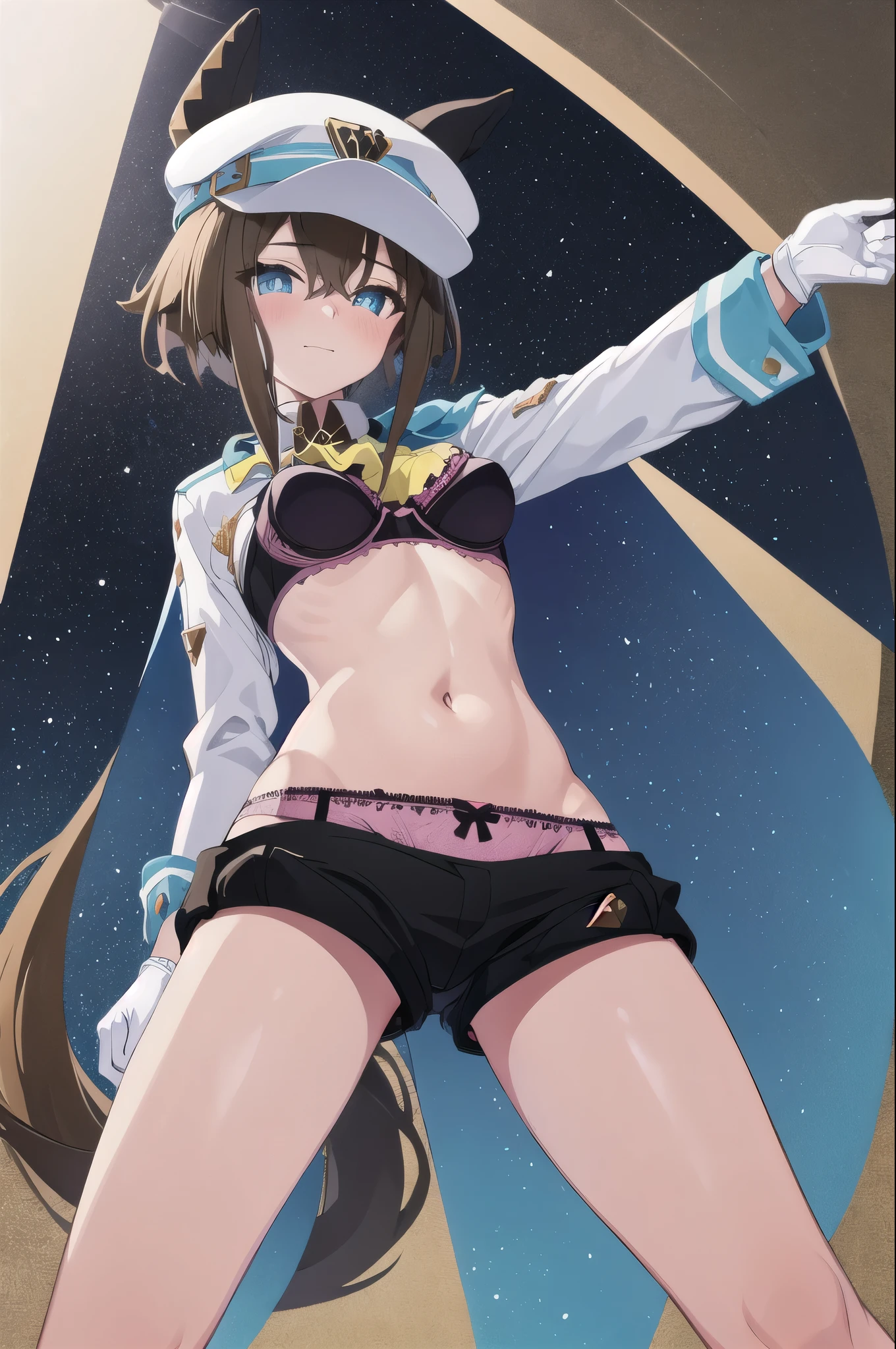 highest quality, masterpiece, High resolution,alone, 1 girl, martha, slight smile, looking at the viewer, adjust the hat, have, horse ears, white jacket, Ascot, cape, single glove, white gloves, Taking off shorts,undressing, horse tail ,The valley is open, Medium chest, (from below:1.2), bent down, blush,perfect lighting, shirt lift,((panties)),((bra)),