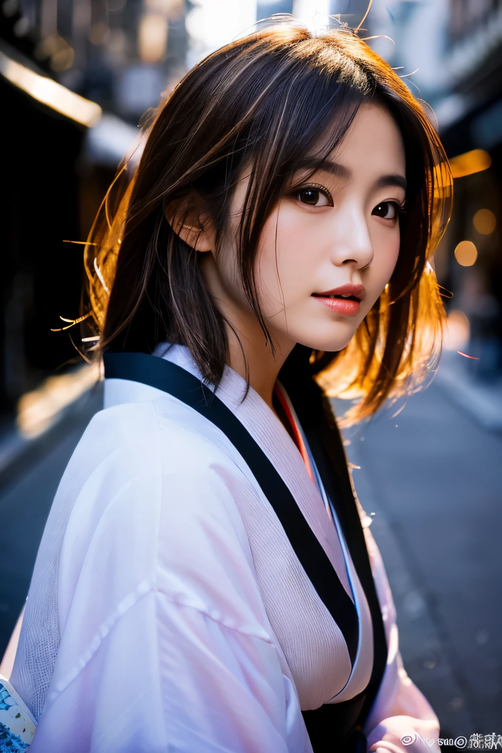Beautiful Japanese supermodel woman, A lock of hair with slight highlights, black eyes, Sexy,street background,Gorgeous kimono , Liquid color flows across her face, Shooting against the light,Perfect facial lighting,mixed media