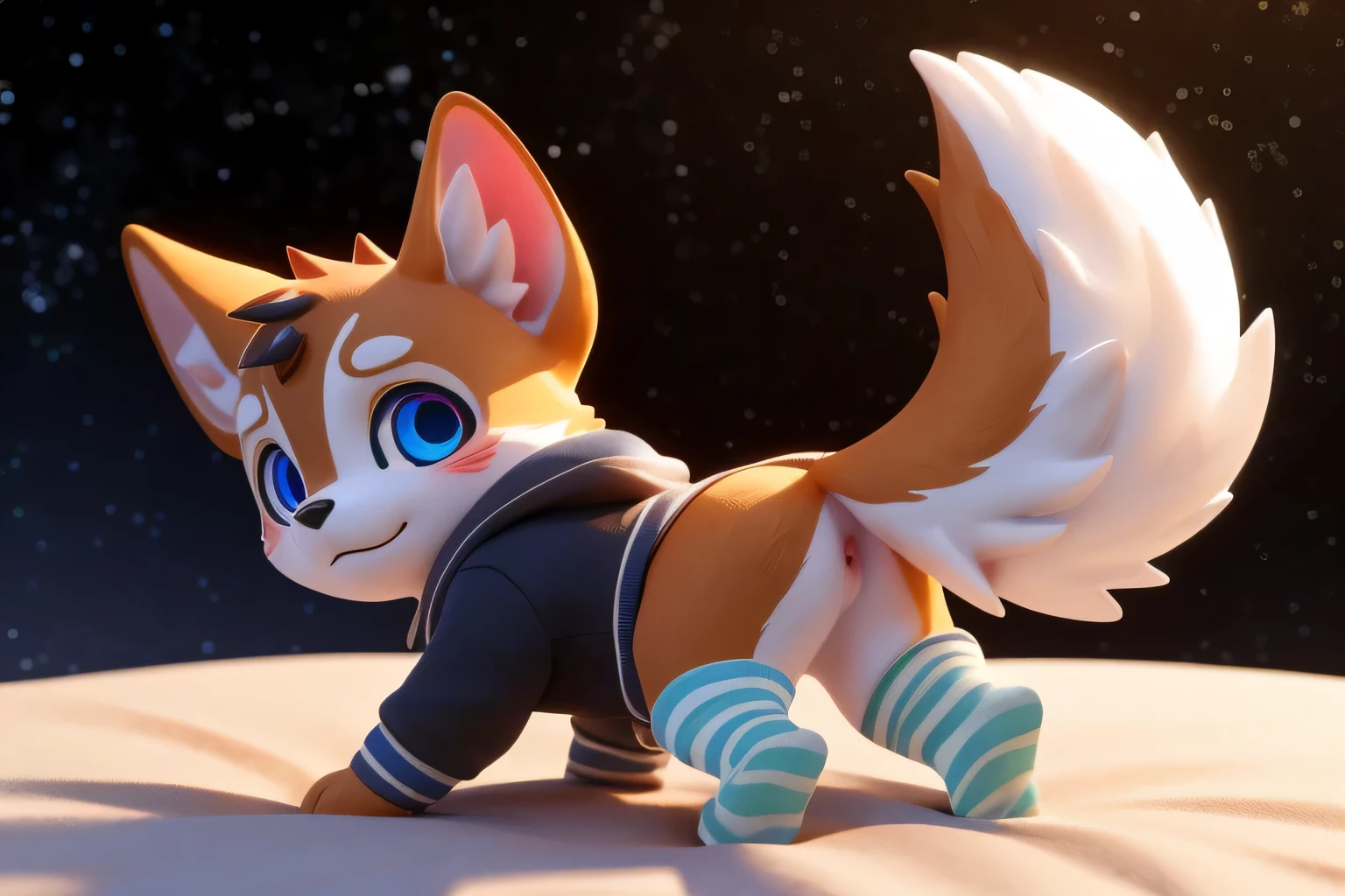 (((wilderness))), ((charming小蓝狐, already, young)) have different colored eyes， chibi， charming，Shy, blush, logo design， Caralready， movie lighting effects， ((3D vector art))， Cute and quirky， fantasy art， Bokeh， Hand Painted， number， soft light， Isometric风格， 4K resolution， photorealistic rendering， High level of detail cleaning， vector image， A lifelike masterpiece， Professional photography， simple space background， Flat white background， Isometric，Vibrant vector, , hoodie, bottomless pit, Fine hairs, Anisotropic fur gloss, ((subsurface scattering)), on the bed, ((The body is very wide)), ((animal genitals)), [[vein]], (on all fours), ((Show rear)), [anus], big tail, ((Striped knee-length socks))