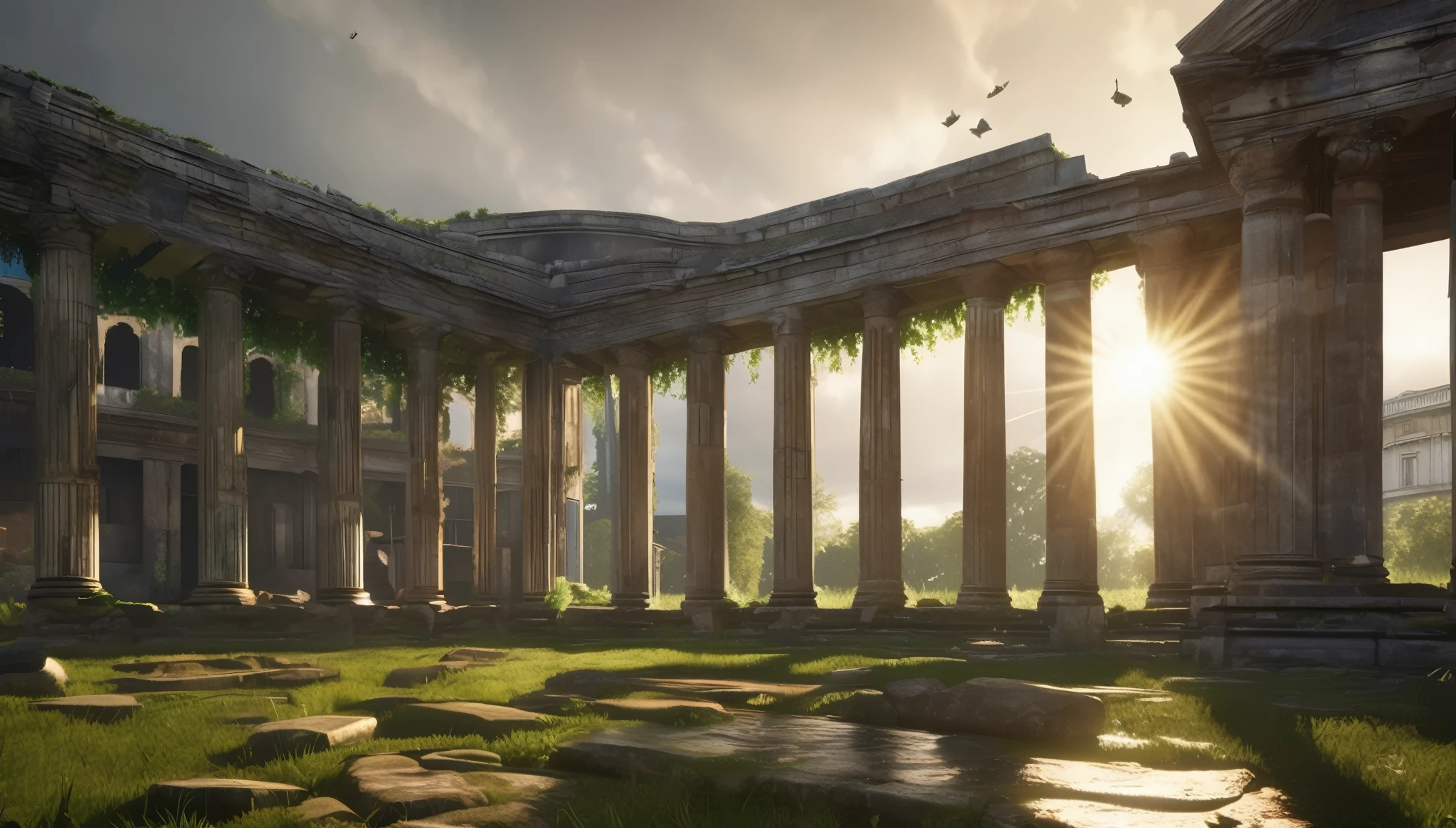 ((ultra detailed):1.4), antique city, the sun shines through the columns, stones and fragments of columns, old stadium, overgrown with grass, Horses grazing, after the rain,Photorealistic