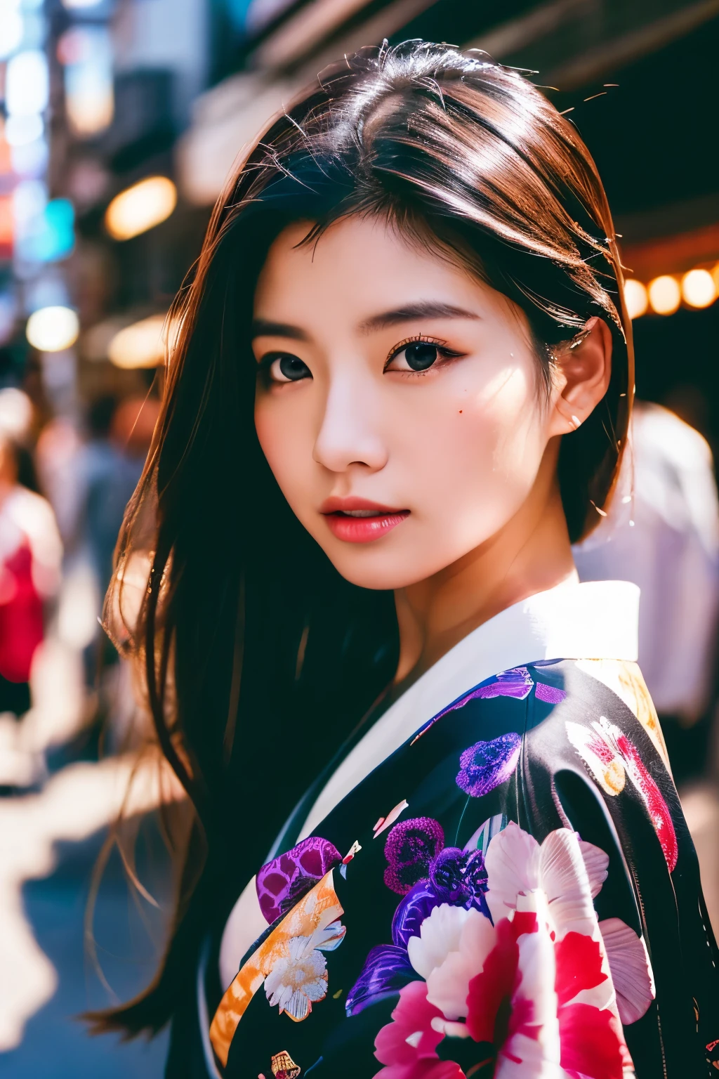 Beautiful Japanese supermodel woman, A lock of hair with slight highlights, black eyes, Sexy，street background，Gorgeous kimono , Liquid color flows across her face, Shooting against the light，Perfect facial lighting，mixed media
