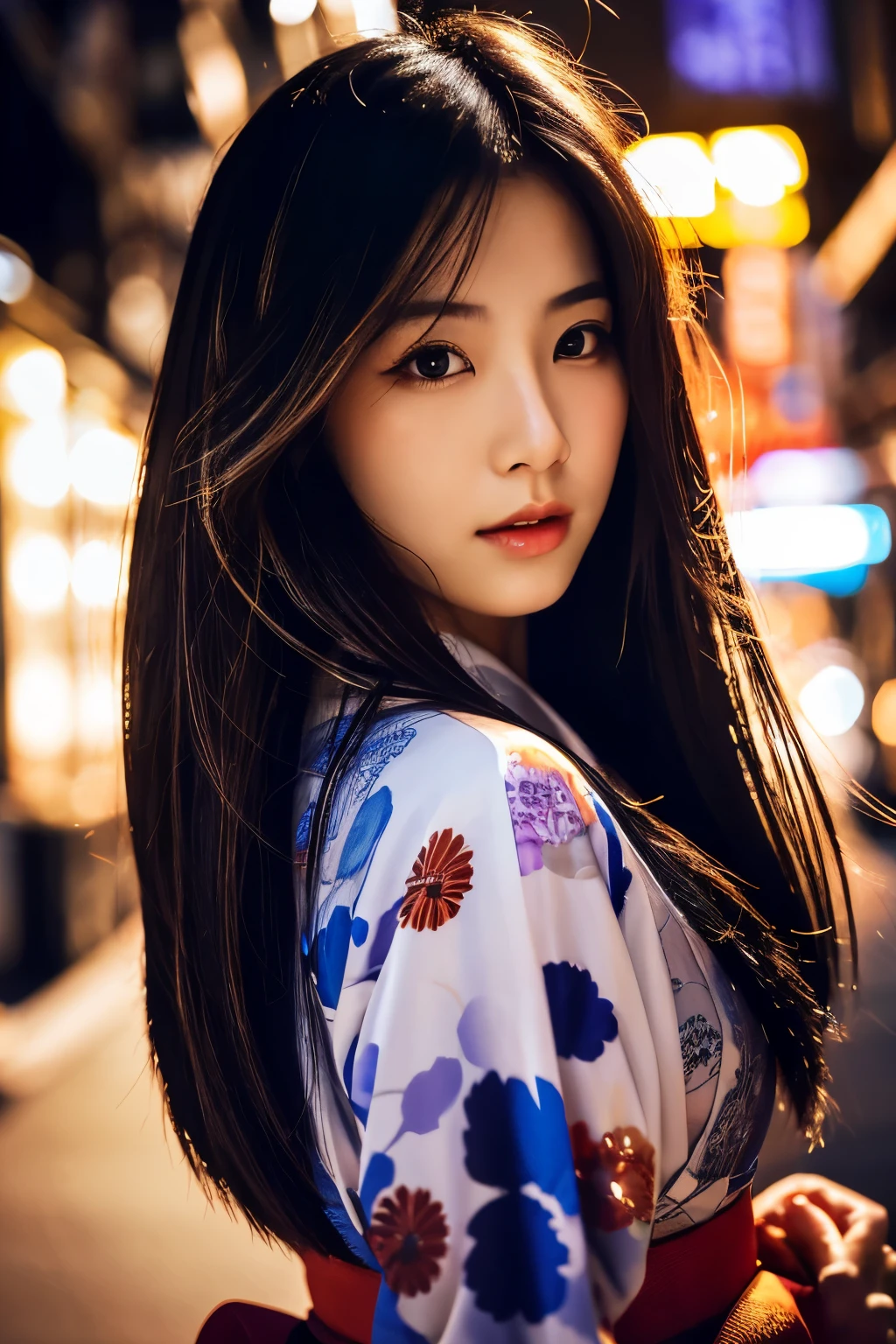 Beautiful Japanese supermodel woman, A lock of hair with slight highlights, black eyes, Sexy，street background，Gorgeous kimono , Liquid color flows across her face, Shooting against the light，Perfect facial lighting，mixed media