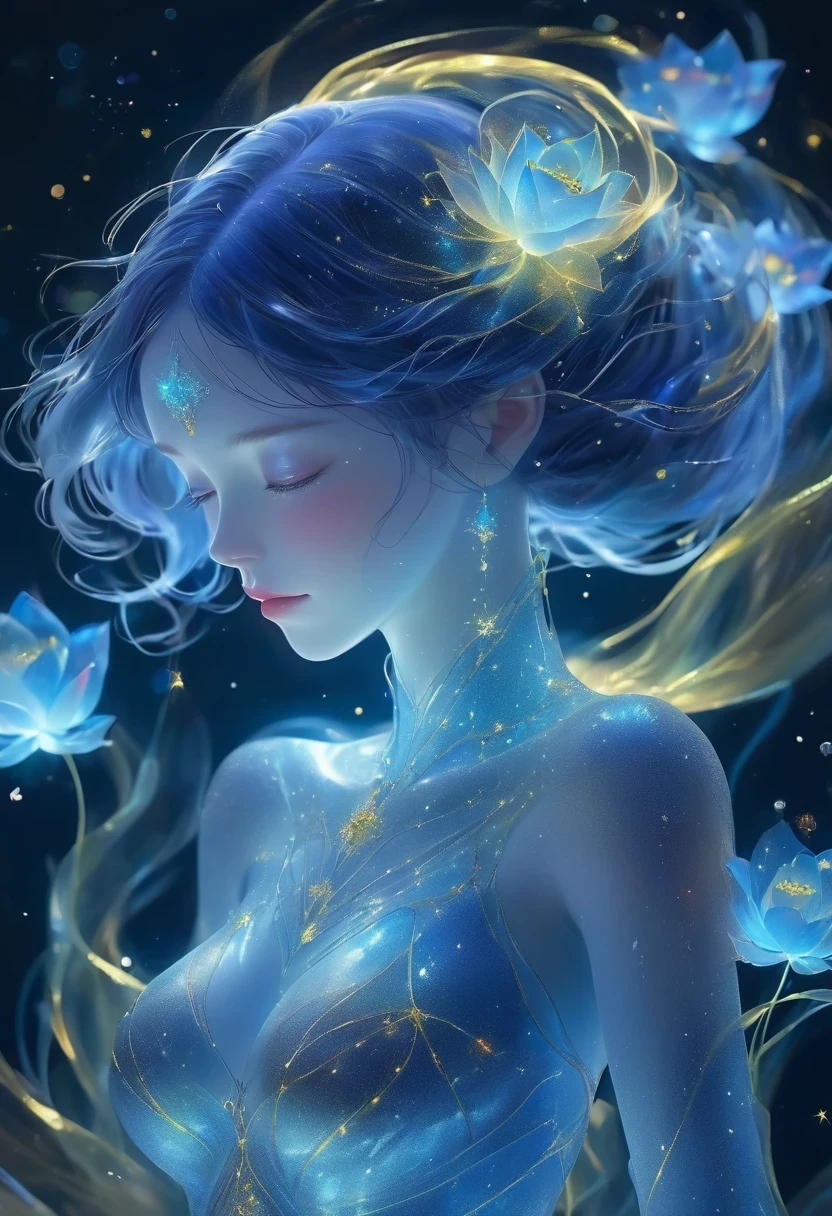 imagine a glass woman, Her delicate figure is like a sculpture-like work of art, Crying in the Starry Sky. The blue night enveloped her, Casting a melancholy light on her ethereal figure. Her glass body glows with bright blue hues, Every line and curve is etched with intricate detail. The glass in her eyes reflects the twinkling stars, Reflecting the infinite depth and emotion of the universe. Her sadness is beyond words, But her beautiful figure is still untarnished, Proof of the extraordinary power of emotion. This 4K glass woman is an exquisite picture of light and shadow, color, and feeling, arrive,body glow,glowing line,fluorescence,Luminous example,Tracking example,flash,萤light particles,backlight,translucent,light particles,correct human anatomy,