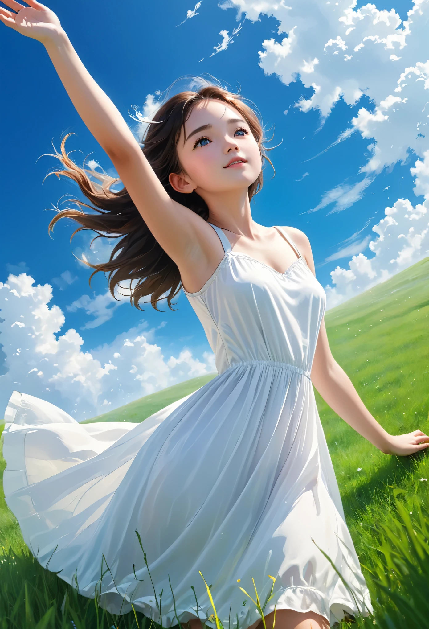 Blue sky and white clouds, A girl in a white dress on the grass, ((Reaching for the sky)), ((best quality)), ((masterpiece)), (detailed), perfect face, clear world