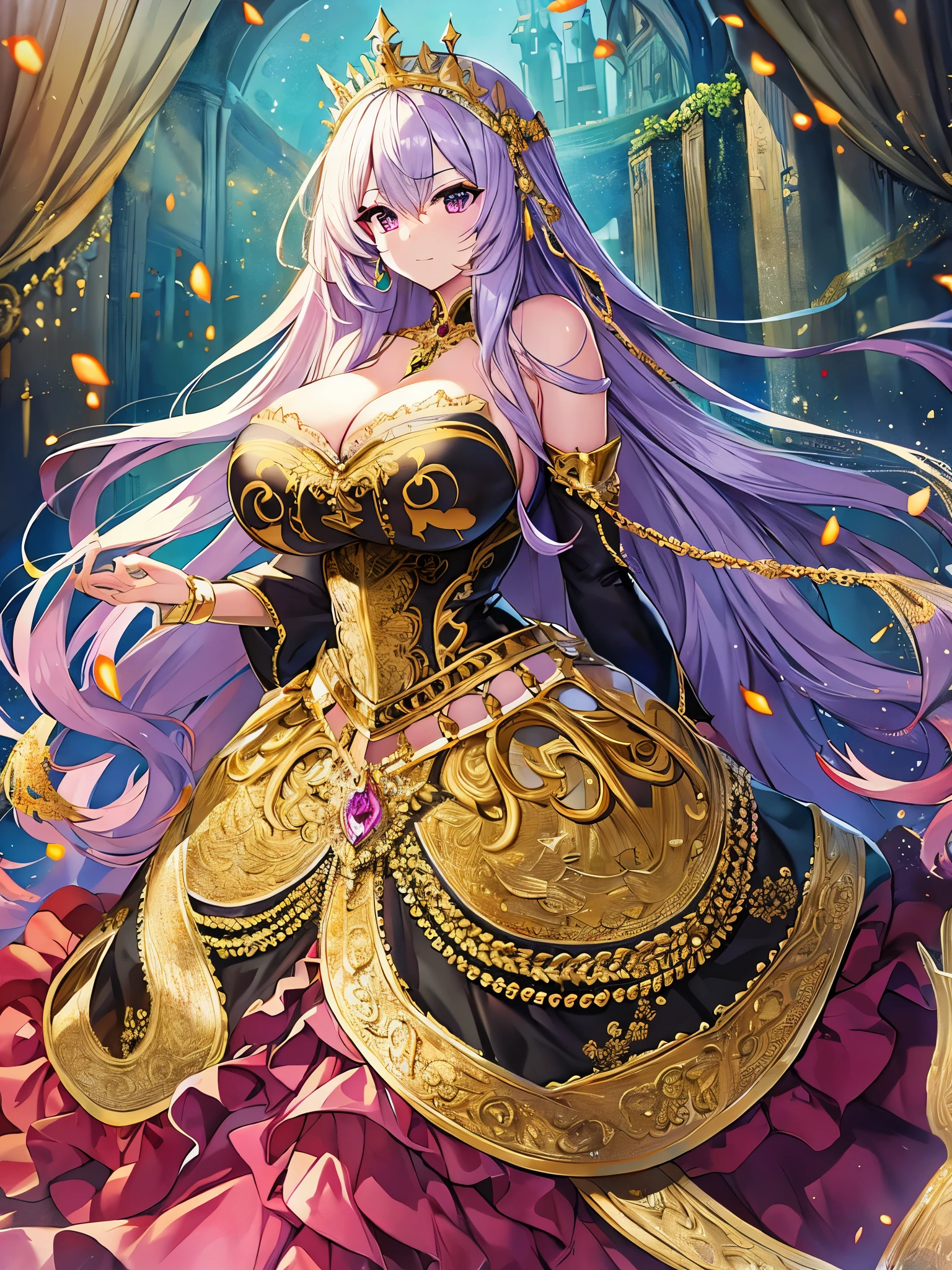 ((anime artstyle)),(Masterpiece),(Best Quality), (Super Detail),(((Very Delicate and Beautiful))),Solo,full body,((full body portrait)),((1 gorgeous bling-bling princess in beautiful embroidery and jeweled gorgeous rococo ballgown with voluminous full length hoop skirt)),detailed face and eyes,jewel-like eyes,((((absurdly gigantic tits)))),(((cleavage,curvy))),Skindentation,((castle,outdoor)),((crinoline,long train)),gorgeous princess rococo ballgown with voluminous full length hoop skirt and long train,(((bling-bling gorgeous rococo ballgown with beautiful embroidery and jeweled))),((large amount of straight hair, absurdly long hair,Very Long Straight Hair)),extremely gorgeousfull hair ornament,(bling-bling extremely gorgeousfull jeweled tiara),luxurious jewelry,full body,((bling-bling beautiful embroidery and jeweled gorgeous rococo ballgown with voluminous full length hoop skirt))