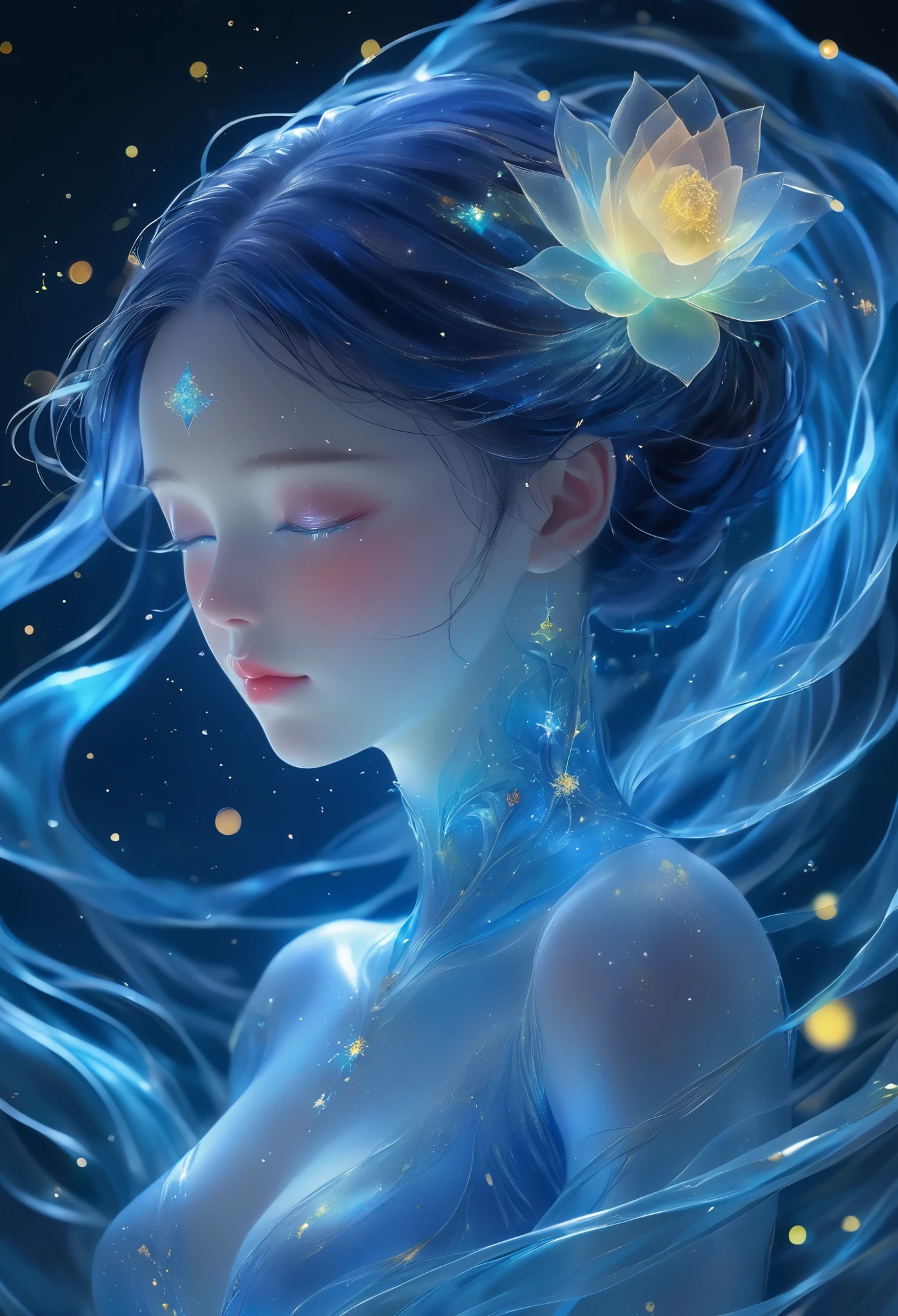 imagine a glass woman, Her delicate figure is sculpted like a work of art, Crying in the Starry Sky. The blue night enveloped her, Casting a melancholy glow over her ethereal figure. Her glass body glows with bright blue hues, Every line and curve is etched with intricate detail. The glass in her eyes reflects the twinkling stars, Reflecting the infinite depth and emotion of the universe. Her sadness is beyond words, But her beautiful figure remains untarnished, Proof of the extraordinary power of emotion. This 4K glass woman is an exquisite picture of light and shadow, color, and feeling, Arrive,body glow,glowing line,fluorescence,Luminous example,Tracking example,flash,萤light particles,backlight,translucent,light particles,correct human anatomy,