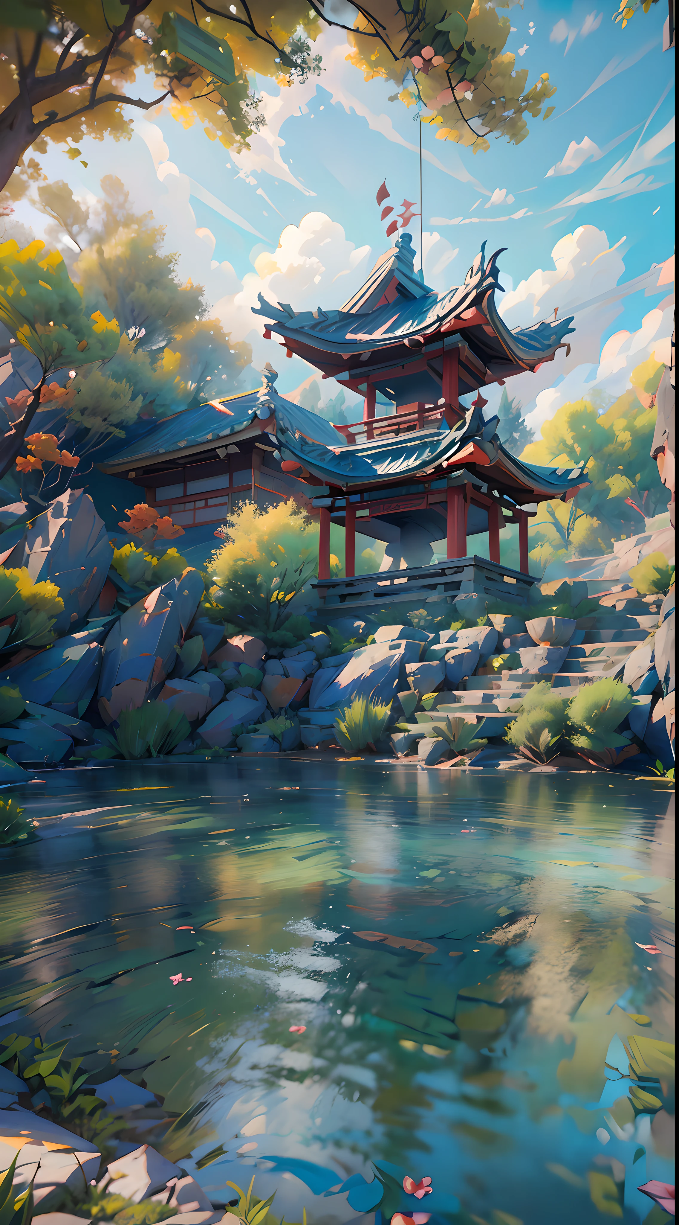 Incredibly detailed and realistic CG unity 8K wallpapers, The beauty of classical Chinese gardens, Stunning landscapes including tranquil lakes and rivers，It is surrounded by lush vegetation and majestic trees, Natural light, blue sky, fluffy clouds, Fall, Bokeh, depth of field, high dynamic range, bloom, Color difference, and intricate details