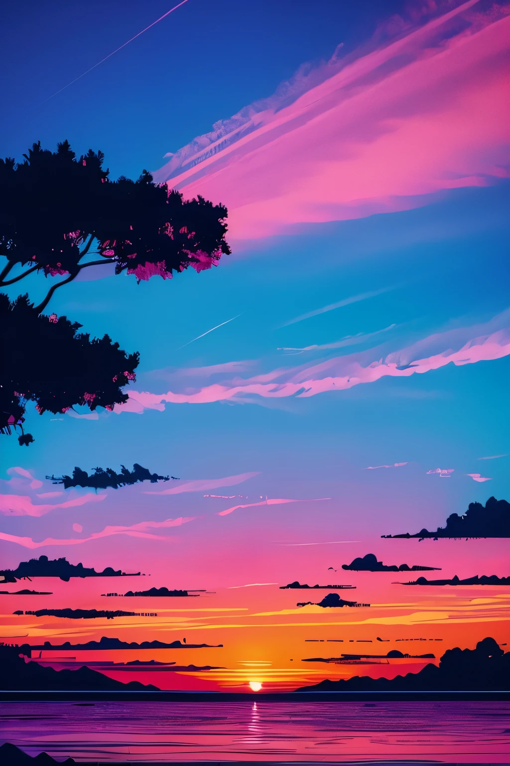 SYNTHWAVE DRAWNING STYLE DESIGN VIBRANT COLORS, As day whispers its goodbye, the sky flushes with a fleeting beauty, a gentle caress before nightfall