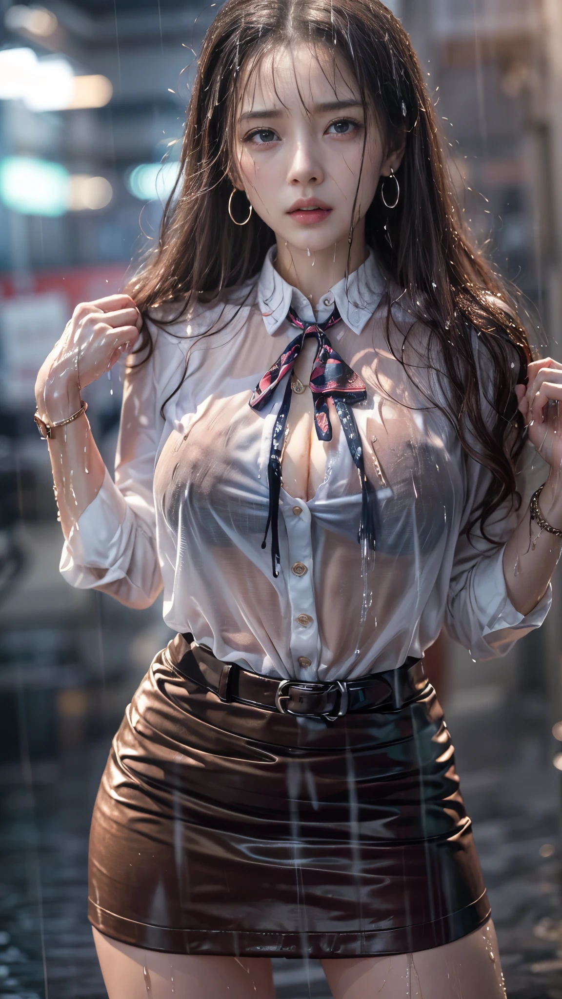 (RAW shooting, Photoreal:1.5, 8K, highest quality, masterpiece, ultra high resolution), perfect dynamic composition:1.2, Night street corner of a modern city, lovelorn:0.5, (((Typhoon heavy rain))), Highly detailed skin and facial textures:1.2, Slim office lady wet in the rain:1.3, Fair skin:1.2, sexy beauty:1.1, perfect style:1.2, beautiful and aesthetic:1.1, very beautiful face:1.2, water droplets on the skin, (rain drips all over my body:1.2, wet body:1.2, wet hair:1.3, Wet tight skirt:1.2, wet office lady uniform:1.3), belt, (Medium chest, Bra is sheer, Chest gap), (cry, expression of sadness, The expression on your face when you feel intense caress, Facial expression when feeling pleasure), (beautiful blue eyes, Eyes that feel beautiful eros:0.8), (Too erotic:0.9, Bewitching:0.9), cowboy shot, Shoulder bag, necklace, earrings, bracelet, clock