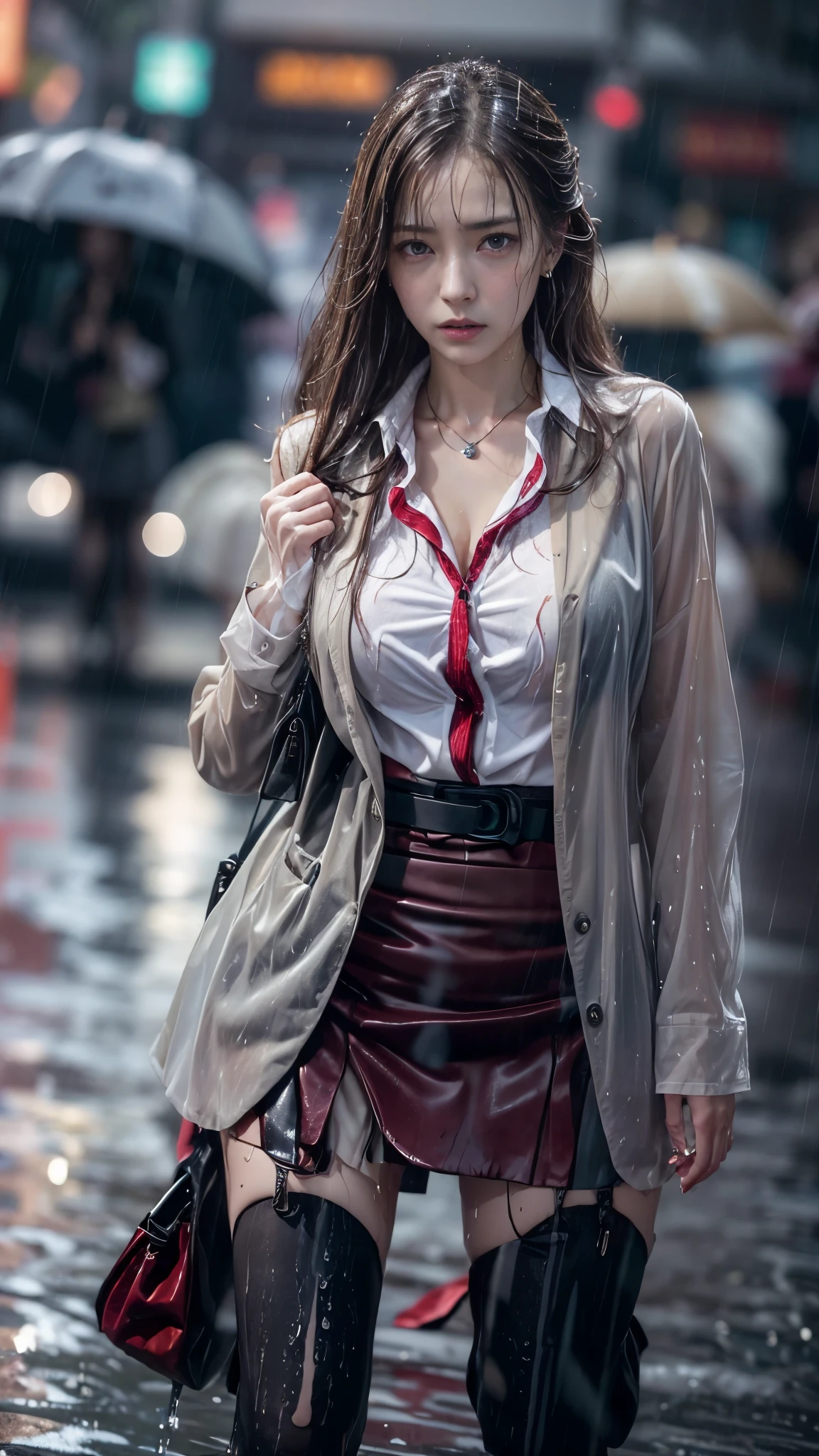 (RAW shooting, Photoreal:1.5, 8K, highest quality, masterpiece, ultra high resolution), perfect dynamic composition:1.2, Night street corner of a modern city, cry with a broken heart:0.7, (((Typhoon heavy rain))), Highly detailed skin and facial textures:1.2, Slim office lady wet in the rain:1.3, Fair skin:1.2, sexy beauty:1.1, perfect style:1.2, beautiful and aesthetic:1.1, very beautiful face:1.2, water droplets on the skin, (rain drips all over my body:1.2, wet body:1.2, wet hair:1.3, Wet tight skirt:1.2, wet office lady uniform:1.3), belt, (Medium chest, Bra see-through, Chest gap), (expression of sadness, The expression on your face when you feel intense caress, Facial expression when feeling pleasure), (beautiful blue eyes, Eyes that feel beautiful eros:0.8), (Too erotic:0.9, Bewitching:0.9), cowboy shot, Shoulder bag, necklace, earrings, bracelet, clock