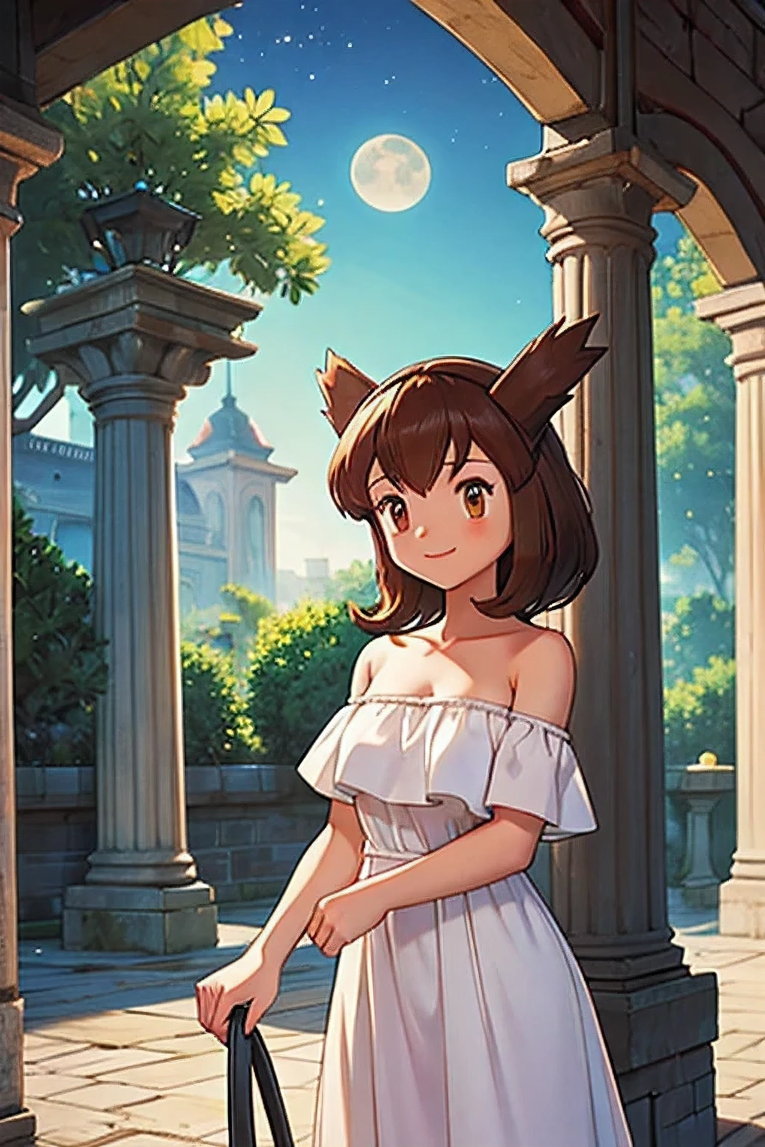 masterpiece, best quality, ultra-detailed, illustration, beautiful detailed eyes, very detailed illustration, cinematic lighting, 1 girl, solo, Pokemon Heroes (Bianca), Brown Hair, brown eyes, 1 girl, solo, bare shoulders, strapless, off shoulders, ruffle off the shoulder top, white maxi dress, intricate details, sharp focus, high resolution, the background of beautiful garden with columns, on a beautiful night, full moon, smile, standing near a water pool on the bottom, arms behind back, anime style, ultra-detailed, hdr, far at the bottom, in the center, Close up