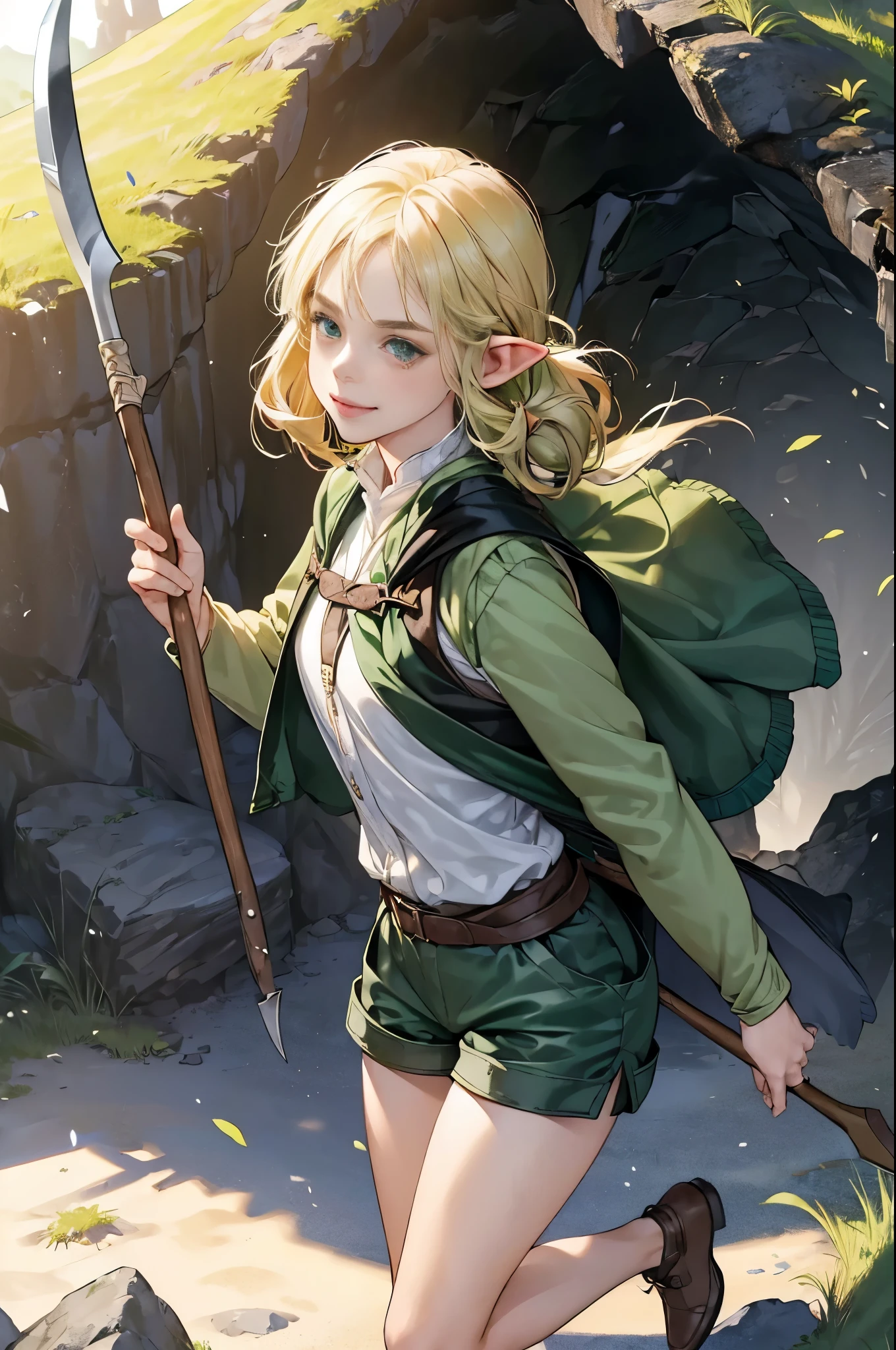 (((((girl))))), masterpiece, ultra detailed, 8K Portrait, Raw photo, woman's portrait photography, full body, Highly detailed smile face, ((Fantasy)), (((hobbit))), ((Adult)), 45 years old, 110cm, (((cave explorer))), ((white skin)), greenish blond twin tail hair, (wearing a helmet), (((dark green silk long cloak))) Fluttering in the wind, (((explorer safari jacket))), leather grooves, (((short pants))), (((large back pack))), (((equip a pickaxe))), Midday sun, Hyper realistic, Slender body, by the foggy castle, Ambient lighting, Shadow details , Camera focus on face, strong breeze, Light fog