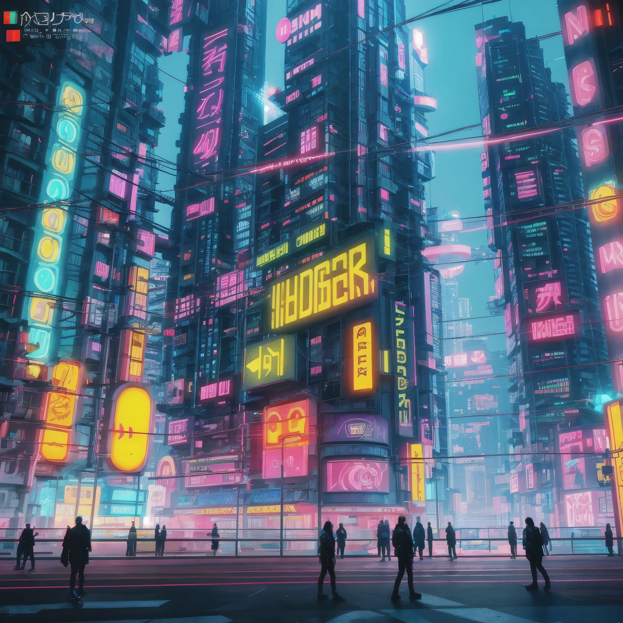  Cyberpunk cityscape, neon lights, futuristic architecture, symmetrical structures, wide-angle lens, neon signs, bustling streets, intricate details, digital art, Unreal Engine, C4D, Blender, high-rise buildings, interplay of light and shadow, vivid colors, studio lighting, ultra-detailed, HDR, professional, vibrant colors, bokeh