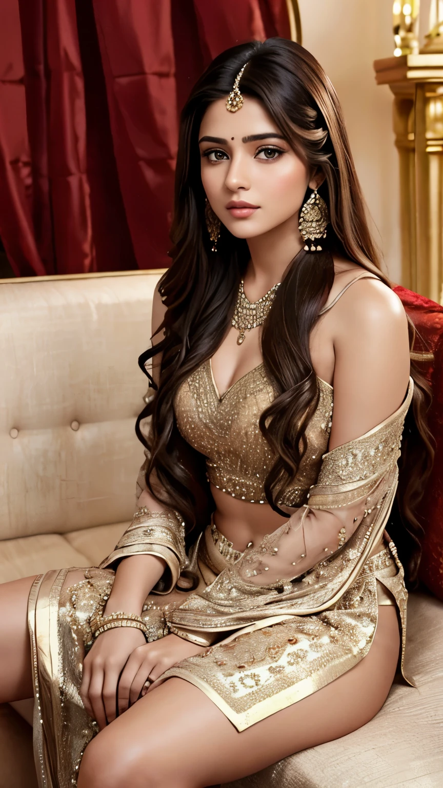 Beautiful girl with brown eyes and long hair wearing Indian dress sitting on sofa in elegant room photo shoot 