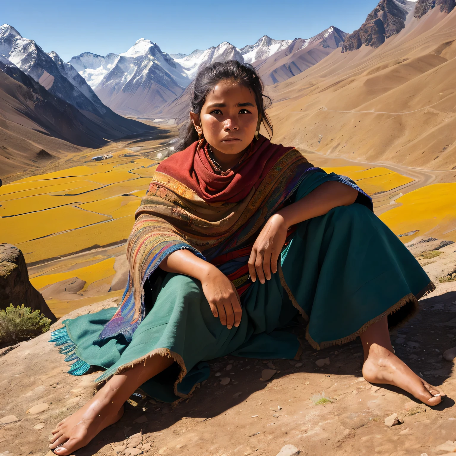 Painting of a hungry Andean girl:
un crudo, obra maestra emotiva, capturing the essence of a resilient Andean girl.
((cara detallada:1.2)), ((rasgos faciales descriptivos)), (Altamente texturizado, piel desgastada), besado por el Sol, inclinarse,
((retrato)), (( atmosphere:1.3)), ((descalzo:1.2)), en traje tradicional andino,
((en el desierto:1.25)), ((mountainous backdrop:1.37)), (terreno accidentado, Arid),
((flimsy cloth:1.2)), revealing underlying bone structure,
((