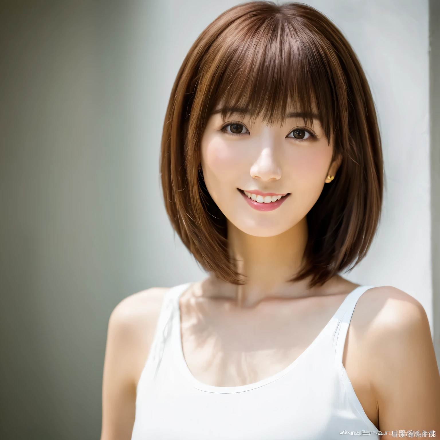 masterpiece, highest quality, Photoreal, Super detailed, finely, High resolution, 8k wallpaper, cut model, Professional, soft light in the studio, 20〜23 years old, Advanced level of detail, 1 girl, thin japanese woman, small breasts,((turn to the side)), detailed clavicle, perfect face, brown hair, (medium hair, parted bangs), (look at camera and smile), white t-shirt