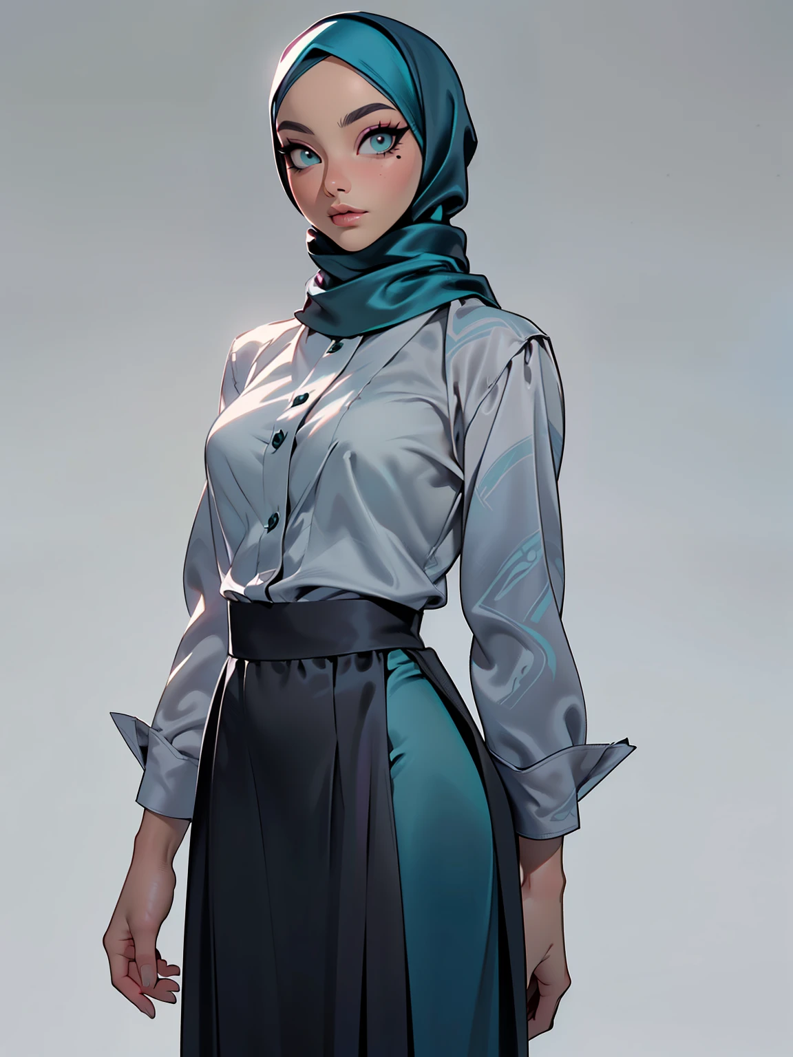 (Masterpiece, best quality) detailed, character sheet, ((a woman, beautifully makeup, eyeshadow, beautiful big eyes, long eye lashes, wearing (Teal satin hijab), ((gray satin shirt)), ((satin long maxi skirt)), photography, detailed skin, realistic, photo-realistic, 8k, highly detailed, full length frame, High detail RAW color art, diffused soft lighting, shallow depth of field, sharp focus, hyperrealism, cinematic lighting, yokai illustration style, Aztec art, style artgerm, full of details. Standing Symmetric Centre, facing the viewer, gray background.