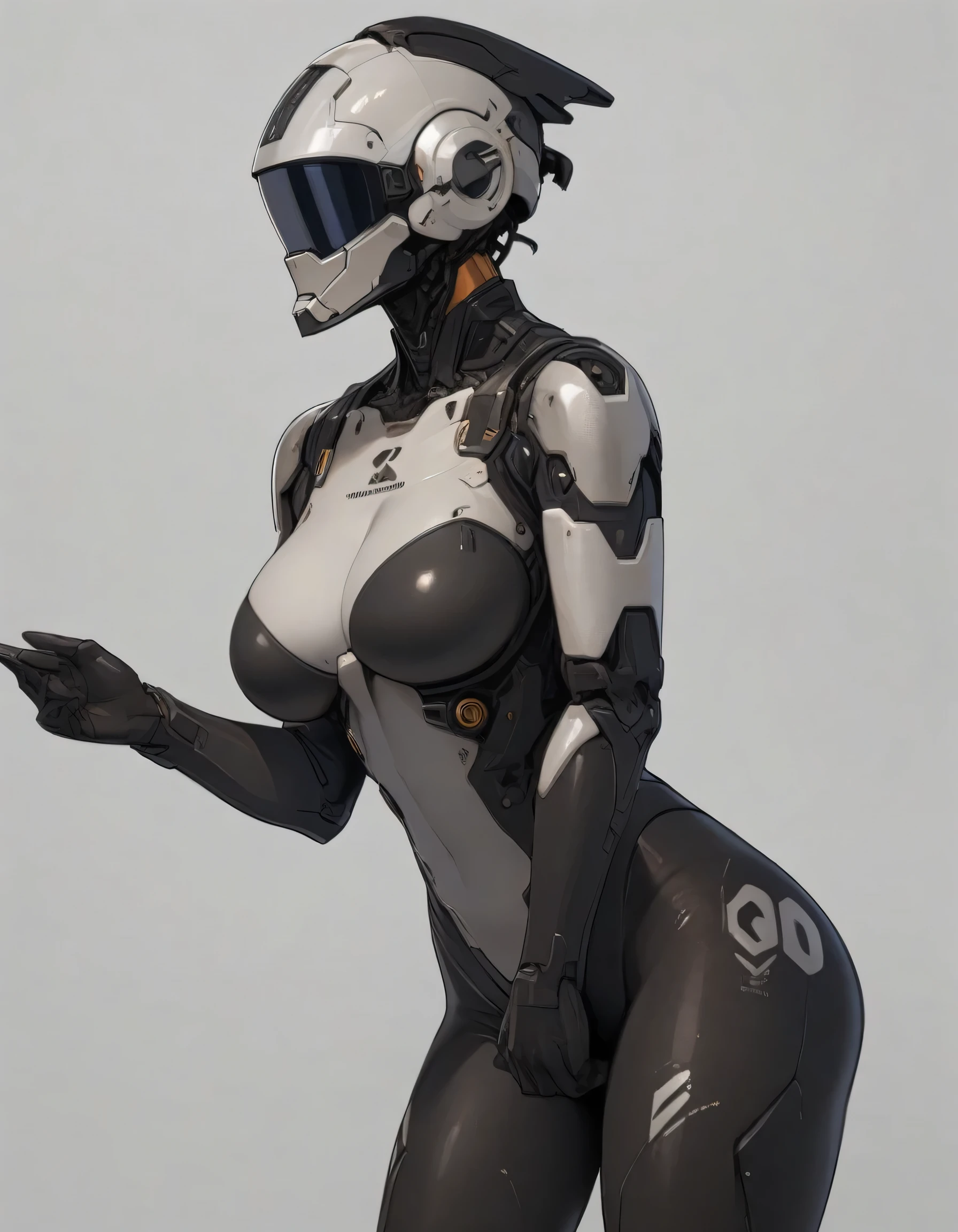 best quality, absurdres, (ultra high res), faceless. octane render, 1girl, solo, large breasts, mechanical bodysuit, cyber helmet, orange suit, orange helmet, neon light, intricate details on hands, intricate details on fingers, 5 fingers at hands, cinematic lighting), (simple gray background), fullbody view