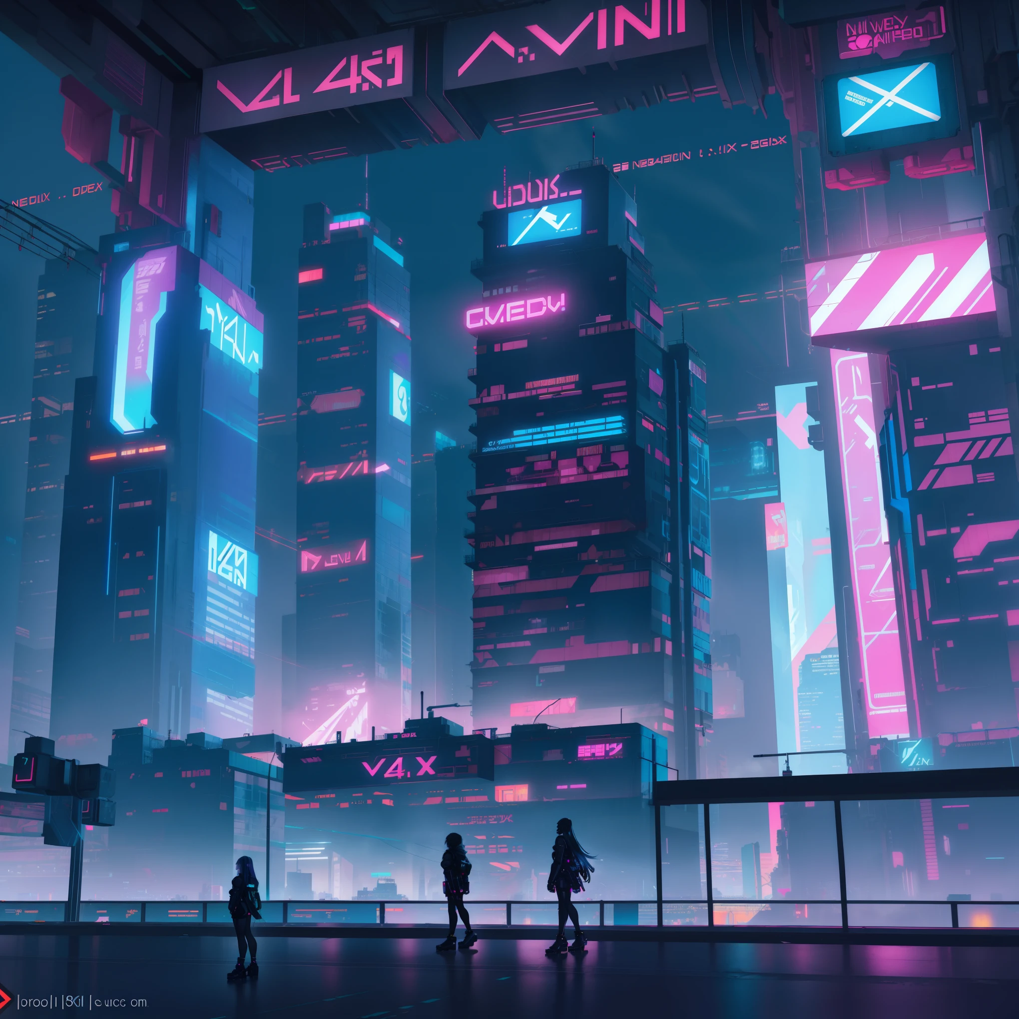  Cyberpunk cityscape, neon lights, futuristic architecture, symmetrical structures, wide-angle lens, neon signs, bustling streets, intricate details, digital art, Unreal Engine, C4D, Blender, high-rise buildings, interplay of light and shadow, vivid colors, studio lighting, ultra-detailed, HDR, professional, vibrant colors, bokeh