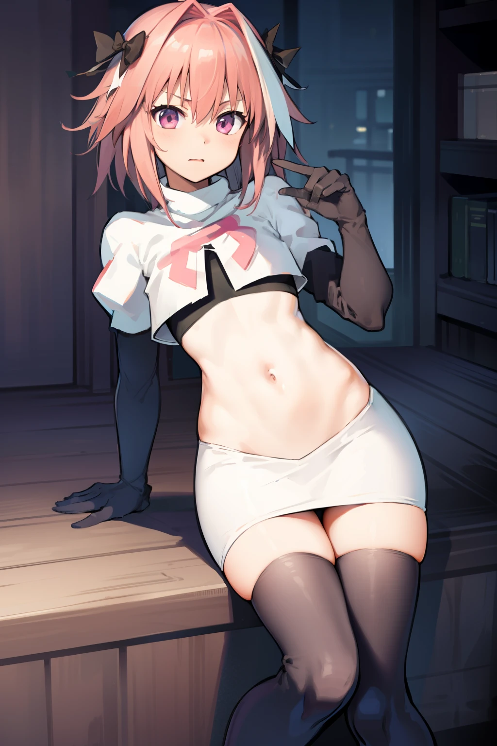 absurdres, masterpiece, best quality, (astolfo fate:1.2155), 1boy, male focus, trap, pink multicolored hair, pink hair, white hair, hair intakes, long hair, pink detailed eyes, crossdressing,1boy, team rocket,team rocket uniform, red letter R, white skirt,white crop top,black thigh-highs,black elbow gloves