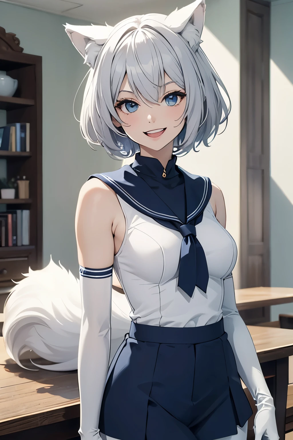 table top High level image quality best image quality 8K adult woman whole body portrait pure white long gloves(elbow gloves) Pure white pantyhose sailor suit(sleeveless) navy blue mini skirt(I can see your pants) white wolf ears short hair((shortcut)(gray hair)(perm)(fluffy)) eye color is blue attractive face((laughter)(smile)(open your mouth)) wink