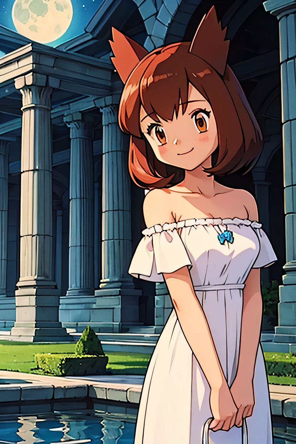 masterpiece, best quality, ultra-detailed, illustration, beautiful detailed eyes, very detailed illustration, cinematic lighting, 1 girl, solo, Pokemon Heroes (Bianca), Brown Hair, brown eyes, 1 girl, solo, bare shoulders, strapless, off shoulders, ruffle off the shoulder top, white maxi dress, intricate details, sharp focus, high resolution, the background of beautiful garden with columns, on a beautiful night, full moon, smile, standing near a water pool on the bottom, arms behind back, anime style, ultra-detailed, hdr, far at the bottom, in the center, Close up