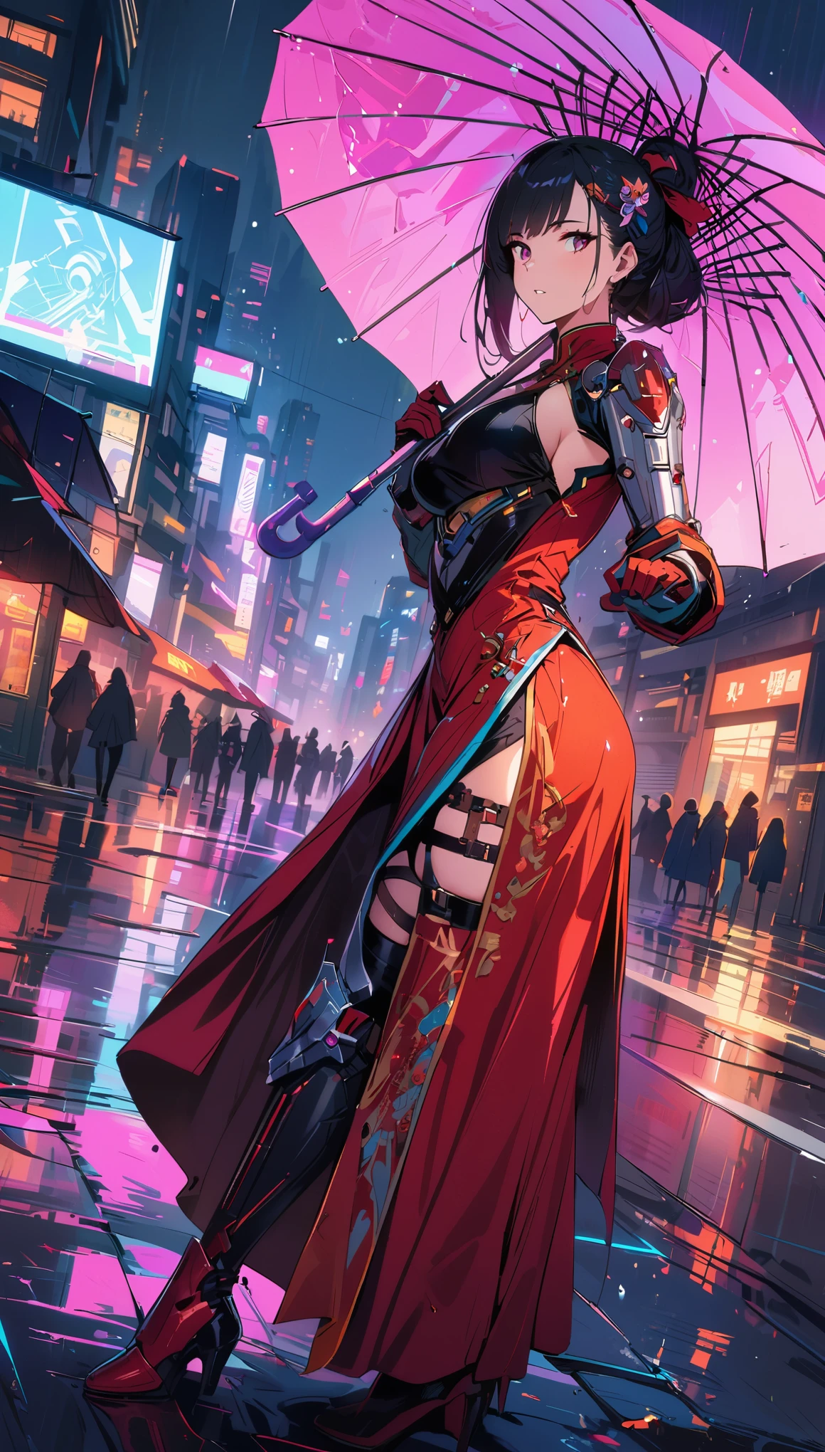 (best quality), (Super fine), (masterpiece), illustration, 一个女孩China costume賽博朋克, (umbrella)，（cyberpunk，China costume，cybernetic implants），hair accessories, bright colors，dynamic lighting，neon lights，glowing city skyline，Holographic projection，future fashion clothing，A combination of traditional and modern elements，Avant-garde makeup，Exquisite hairstyle，confidence and determination，city environment，downpour，Reflection on slippery road，metallic feel，Mechanical armor, Gorgeous accessories，high-tech products，Impressive cybernetic enhancements，Clear focus，gnarly details, Overclocked rendering, Cinematic edge light, fine light, masterpiece, Super details, epic work, ultra high definition, high quality, 32k