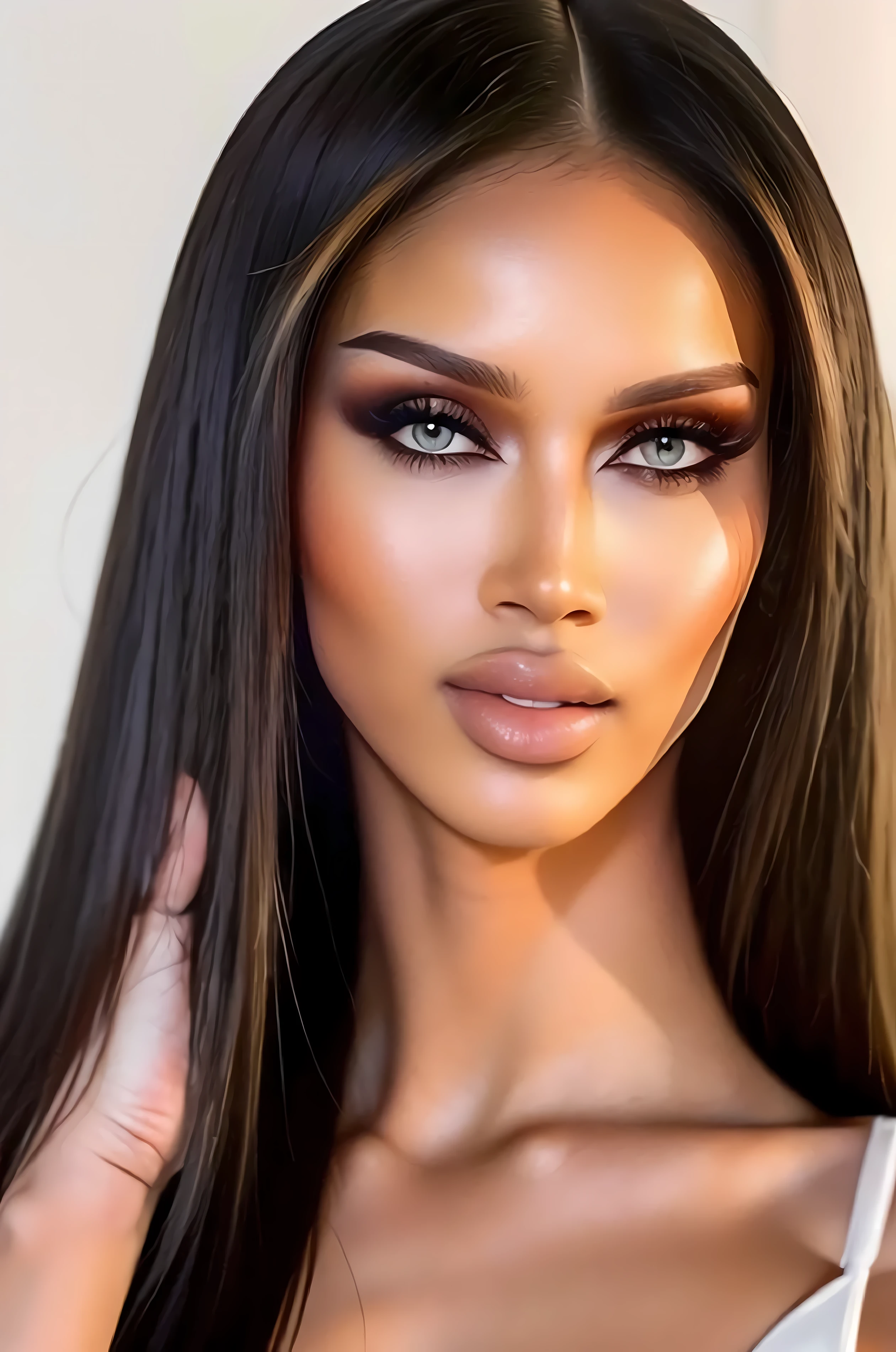 1 girl, Medium bust, long hair, revealing dress, red dress, stand, (simple white background:1.2), In the building, best quality, Ultra high resolution, (realistic:1.4), Masterpiece, real life skin, Surreal, (( Ultra high resolution))((realistic:1.4)) and UHD (( High Resolution 1.1 )) ((The details of the eyes are sharp and beautiful...)) big, proportional eyes, ตาเป็นประกาย full HD